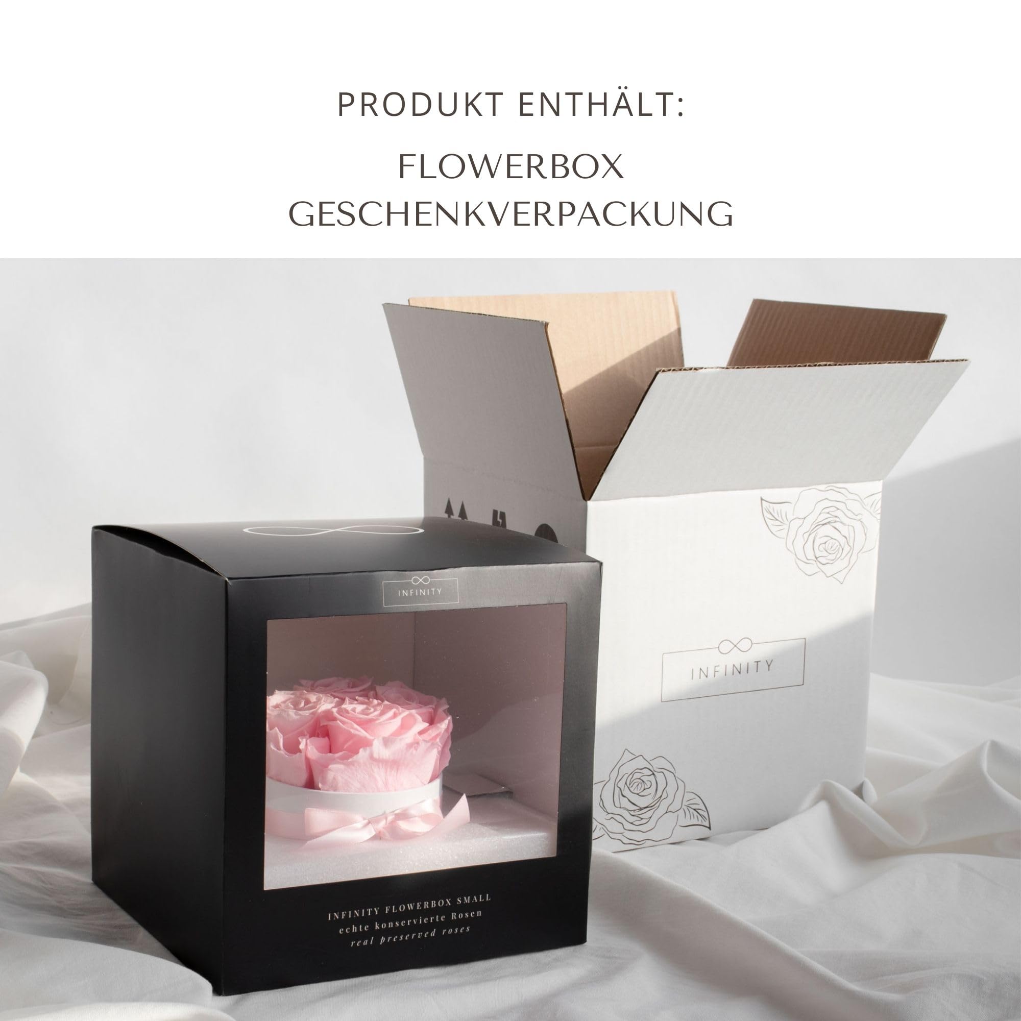 Flowerbox - 4 Infinity Rosen in Rosenbox (3 Jahre haltbare konservierte Ewige Blume). Inklusive Geschenkbox & Rosenduft - Frisch handgemacht von Deutschen Meisterfloristen