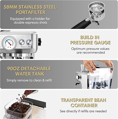 Miniatura 7 de Máquina de espresso con molinillo y espumador de leche máquina de café espresso semiautomática de 20 bares cafetera con latte y capuchino máquina de