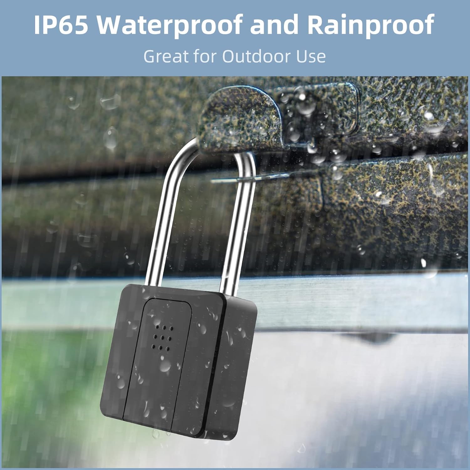 Eseesmart padlock in a rainy outdoor environment, demonstrating IP65 waterproofing