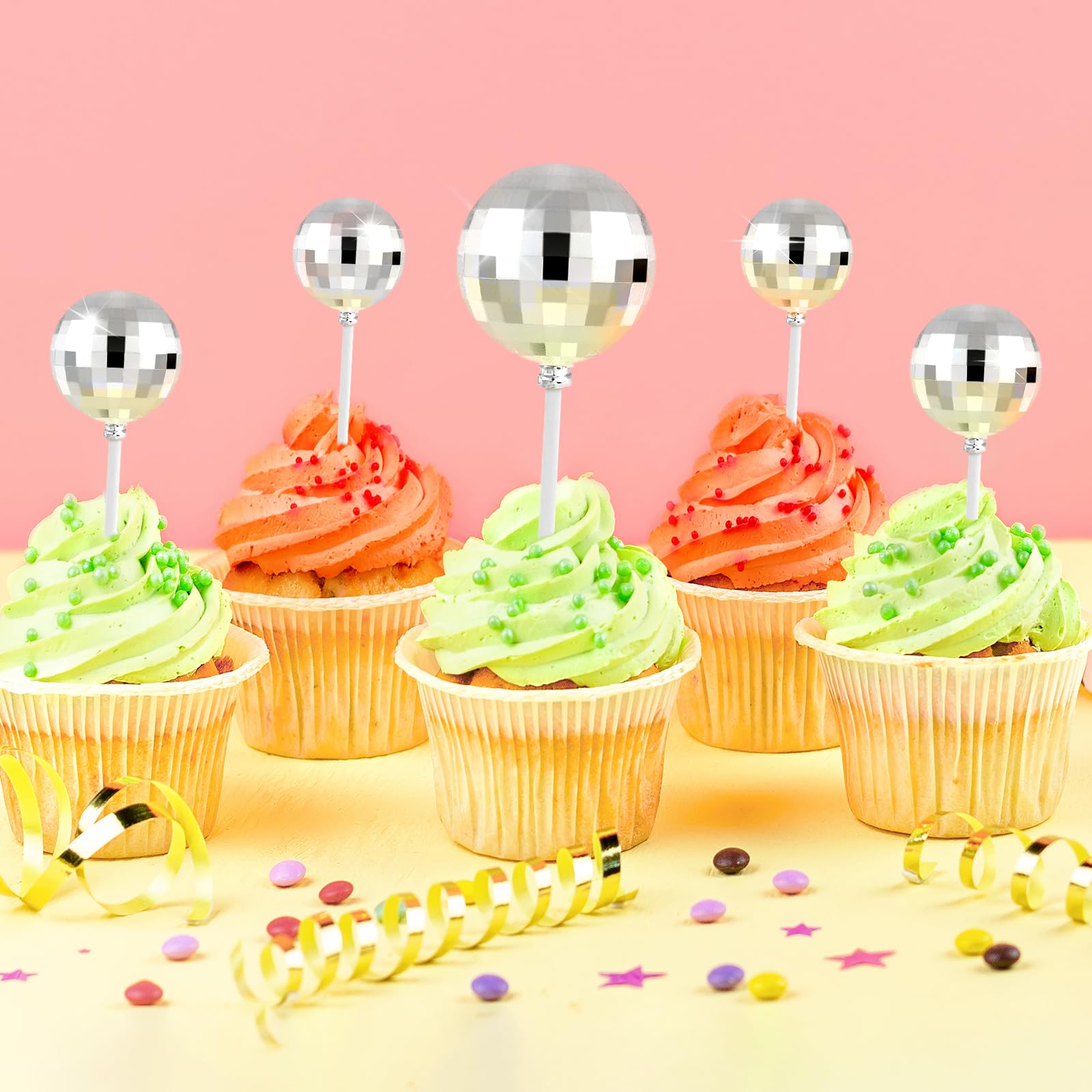 ASTARON 20 Pcs Disco Ball Cake Topper Decorations Sticks Silver Cake Balls Picks Toppers for Birthday Anniversary Disco Retired Theme Party Decorations — view 6