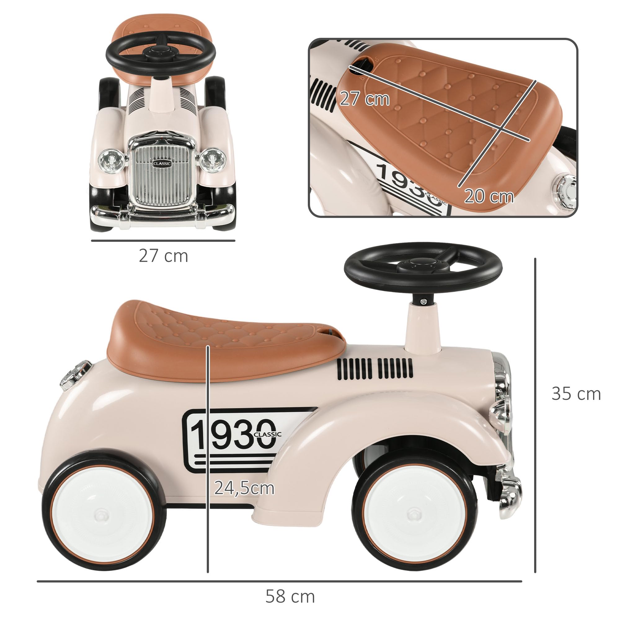 AIYAPLAY Correpasillos para Bebés de 12 a 36 Meses Coche sin Pedales con Bocina Compartimento de Almacenaje y Volante para Interior y Exterior 58x27x35 cm Crema