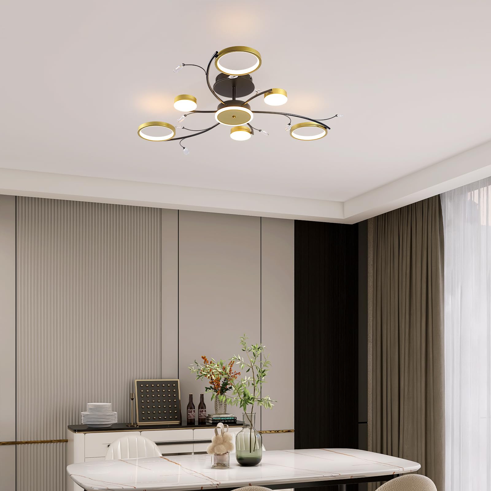 Plafonnier LED En Forme de Fleur Moderne Luminaire Rond Créatif Lustre Plafonniers Avec Télécommande Intensité Variable pour Le Salon La Chambre Salle À manger Ou Cuisine 6+1 Têtes