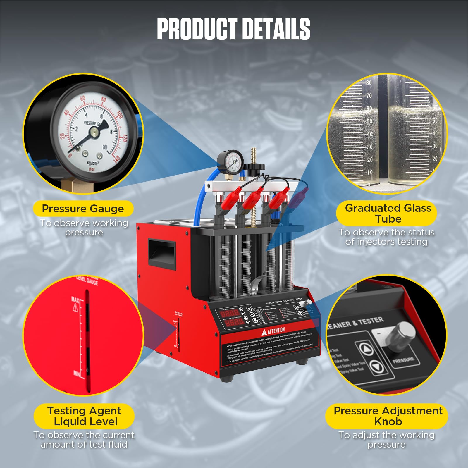 Limpiador de inyectores CT160 con calefacción, probador de inyectores para motores de 4 cilindros,para inyectores de gasolina de inyección directa con boquilla piezoeléctrica de 11 funciones,110V/220V | 11 programas de prueba, limpieza ultrasónica con cal