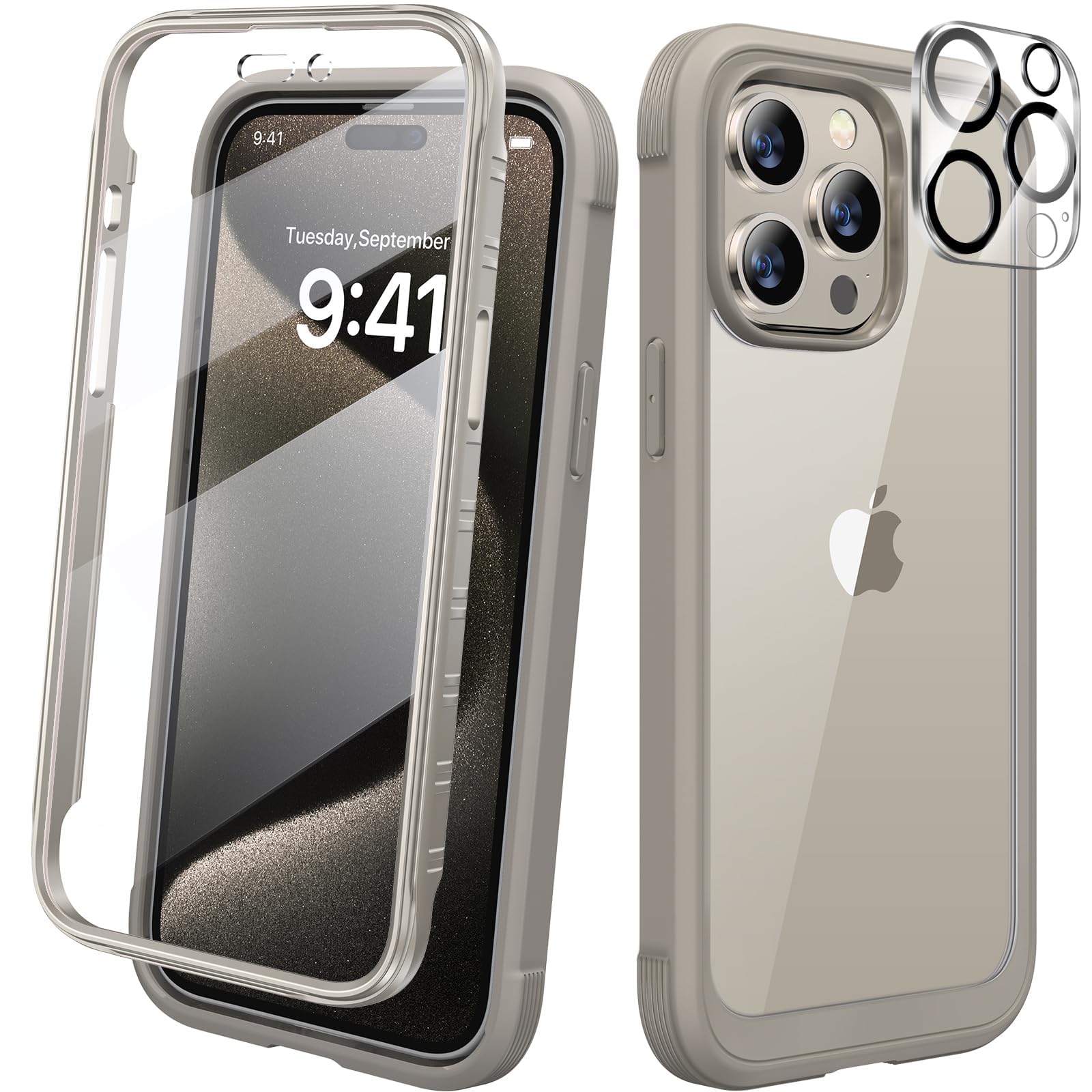 Diaclara Designed for iPhone 15 Pro Case, [Military-Grade Drop Proof] Full-Body Bump Case with Built-in Shockproof Screen Protector, [Camera Lens Protector] for iPhone 15 Pro 6.1"(Natural Titanium)