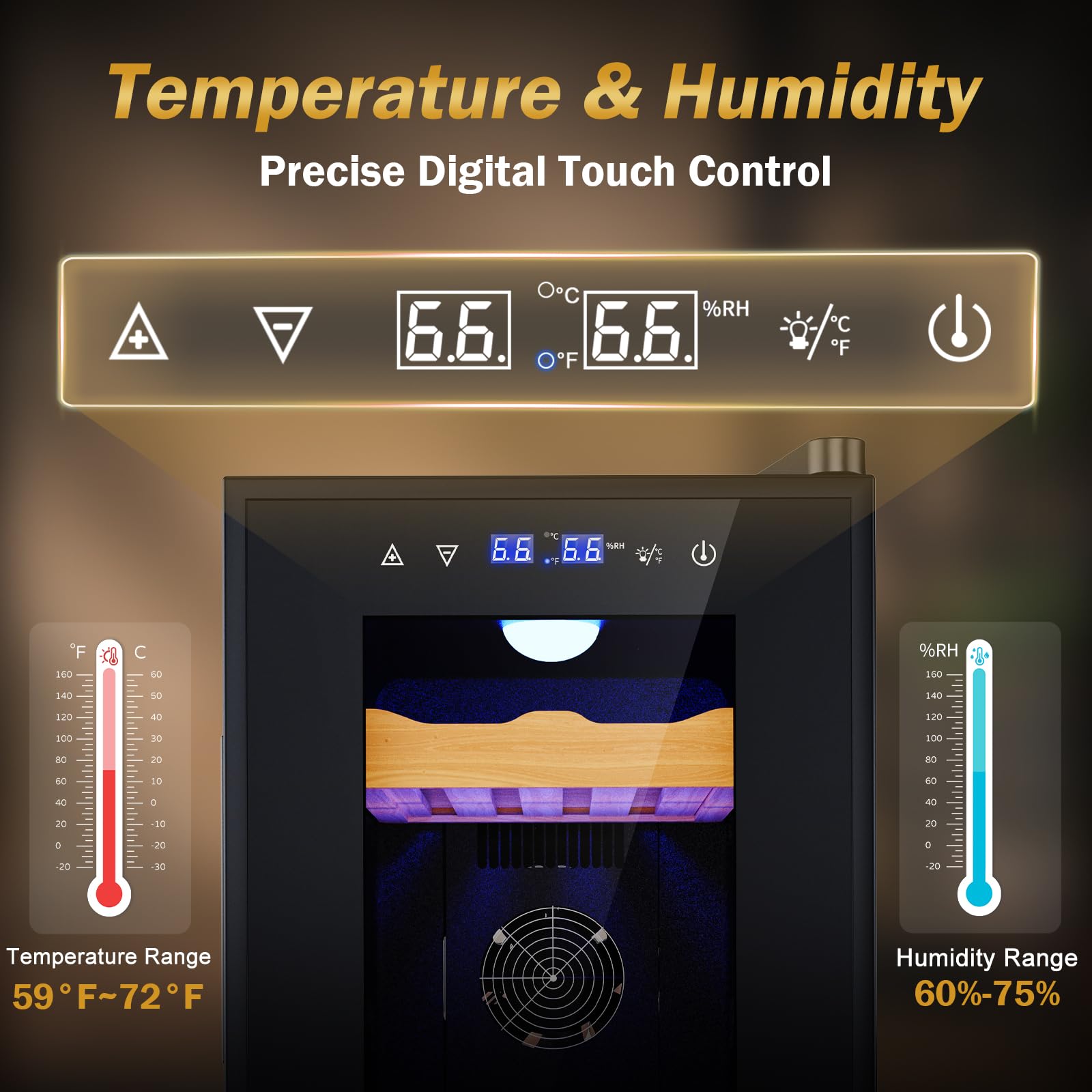 Electric Humidor-25l Cooling & Heating Humidor Cabinet, Smart Touch Control Humidity & Temp, Humidors Wtih Spanish Cedar Wood Tray And Drawer, Digital Display, Safety Lock, Desktop Gift For Men on Fridge.com - View 2