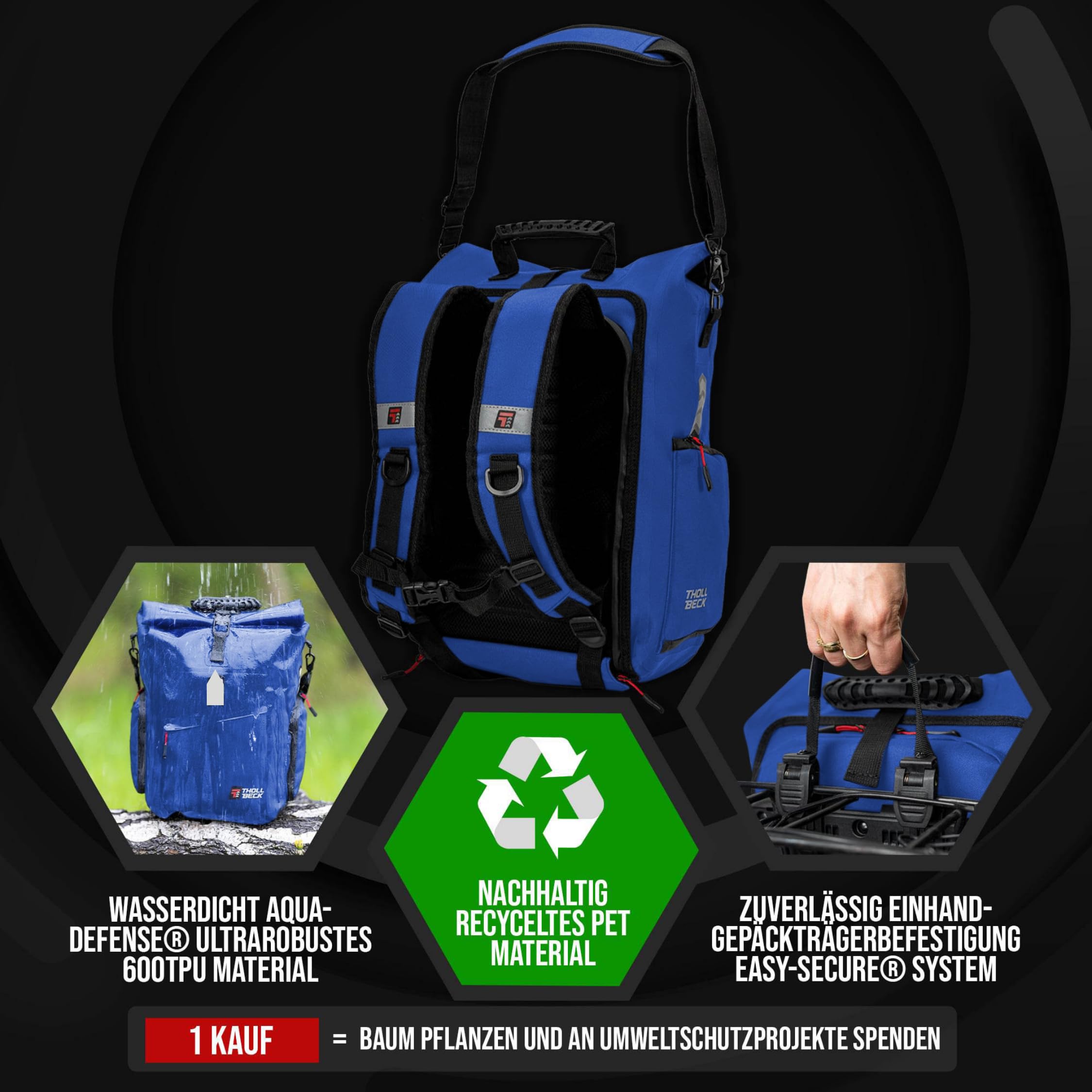 THOLLBECK IMPULS 3 in 1 Fahrradtasche & Fahrradrucksack mit MAGNETVERSCHLUSS (23-27l) - wasserdicht für Gepäckträger bei Fahrrad & E Bike -Mountainbike Rucksack Herren & Damen mit Laptopfach