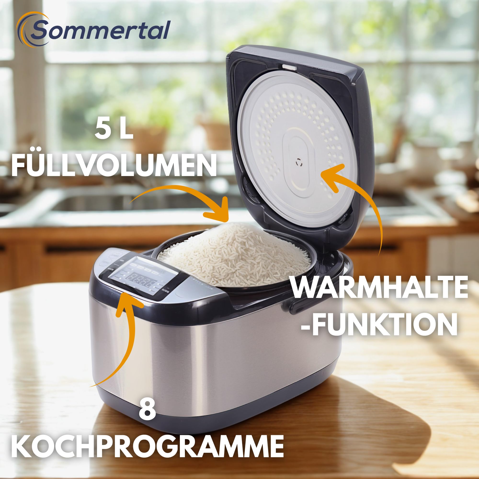 Sommertal Reiskocher 5 Liter XXL für 1 bis 15 Personen | 790W | Multikocher mit Touch, 3D Heizsystem, Warmhaltefunktion, abnehmbarem 105 cm Kabel | Dampfgarer mit Dämpfeinsatz & Zubehör | RK50