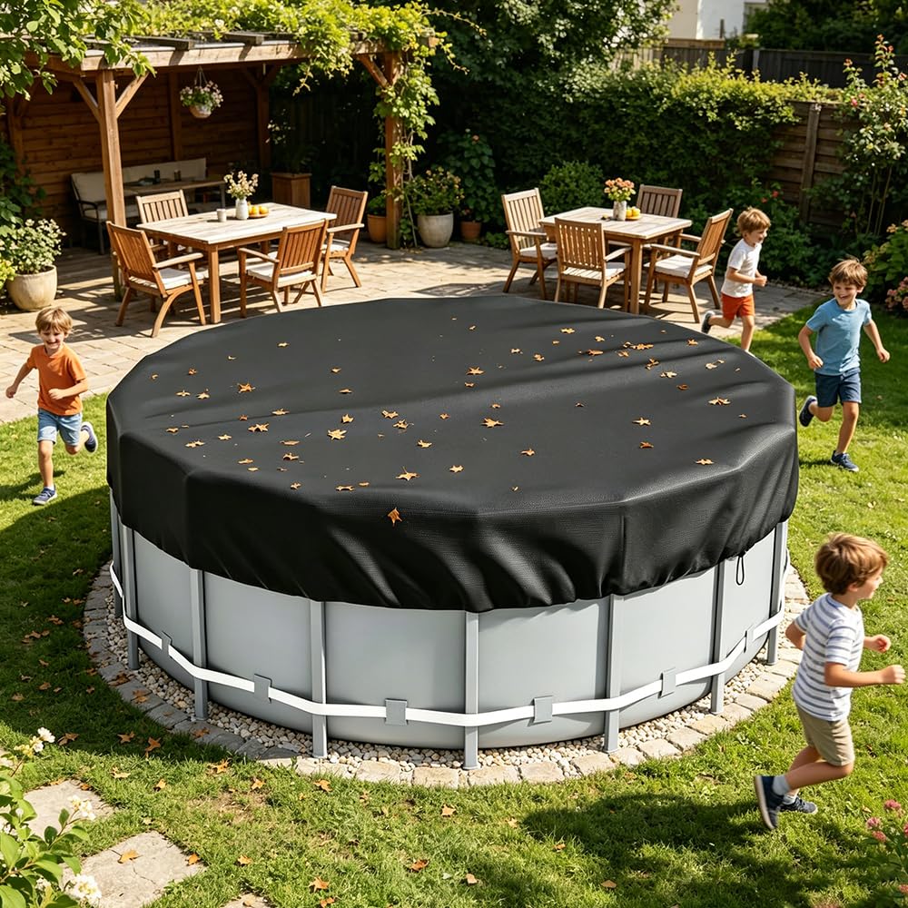 Bâche de piscine ronde - 366 cm - Avec cordon de serrage et clous de sol - Bâche de piscine ronde - Coupe-vent - Imperméable à la pluie - Résistante à la poussière - En tissu Oxford