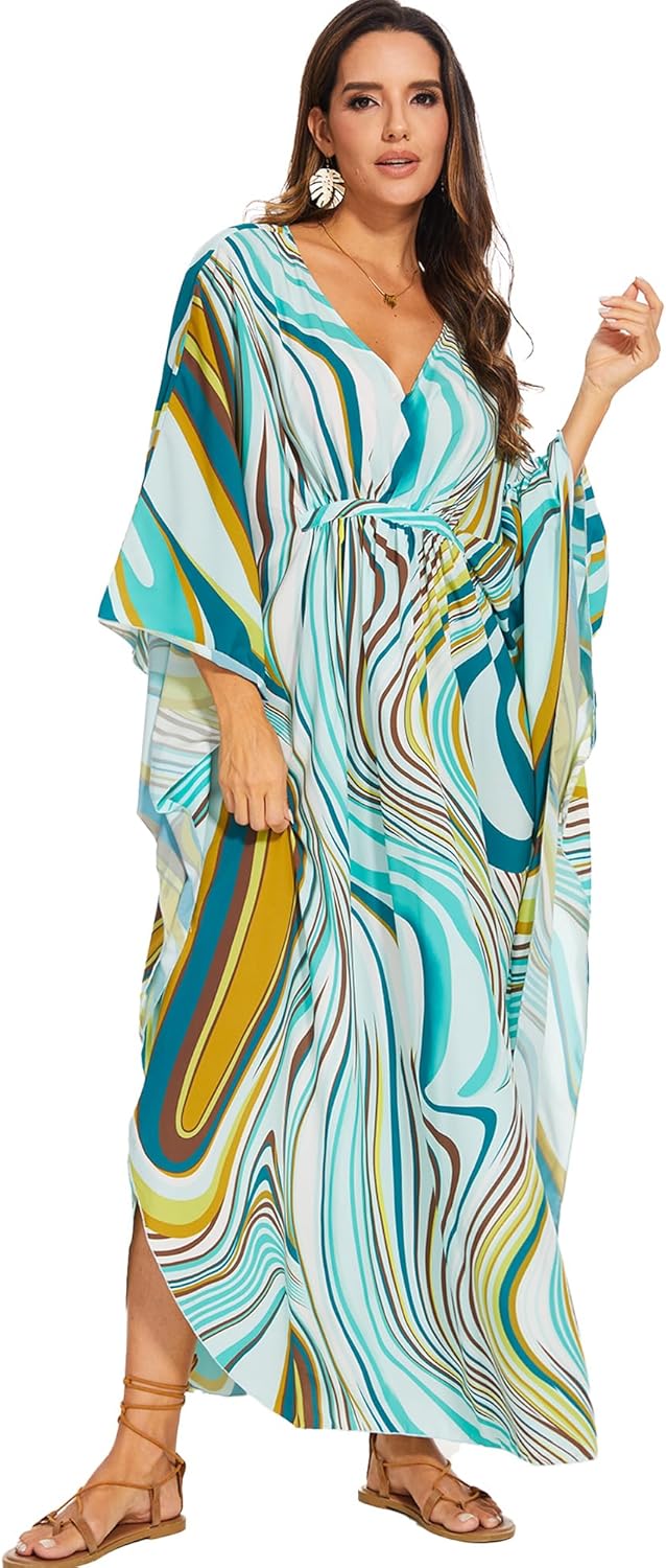 Moss Rose Kaftan Dresses for Women V Neck Summer Swimsuit Cover up Caftan Maxi Beach Dresses