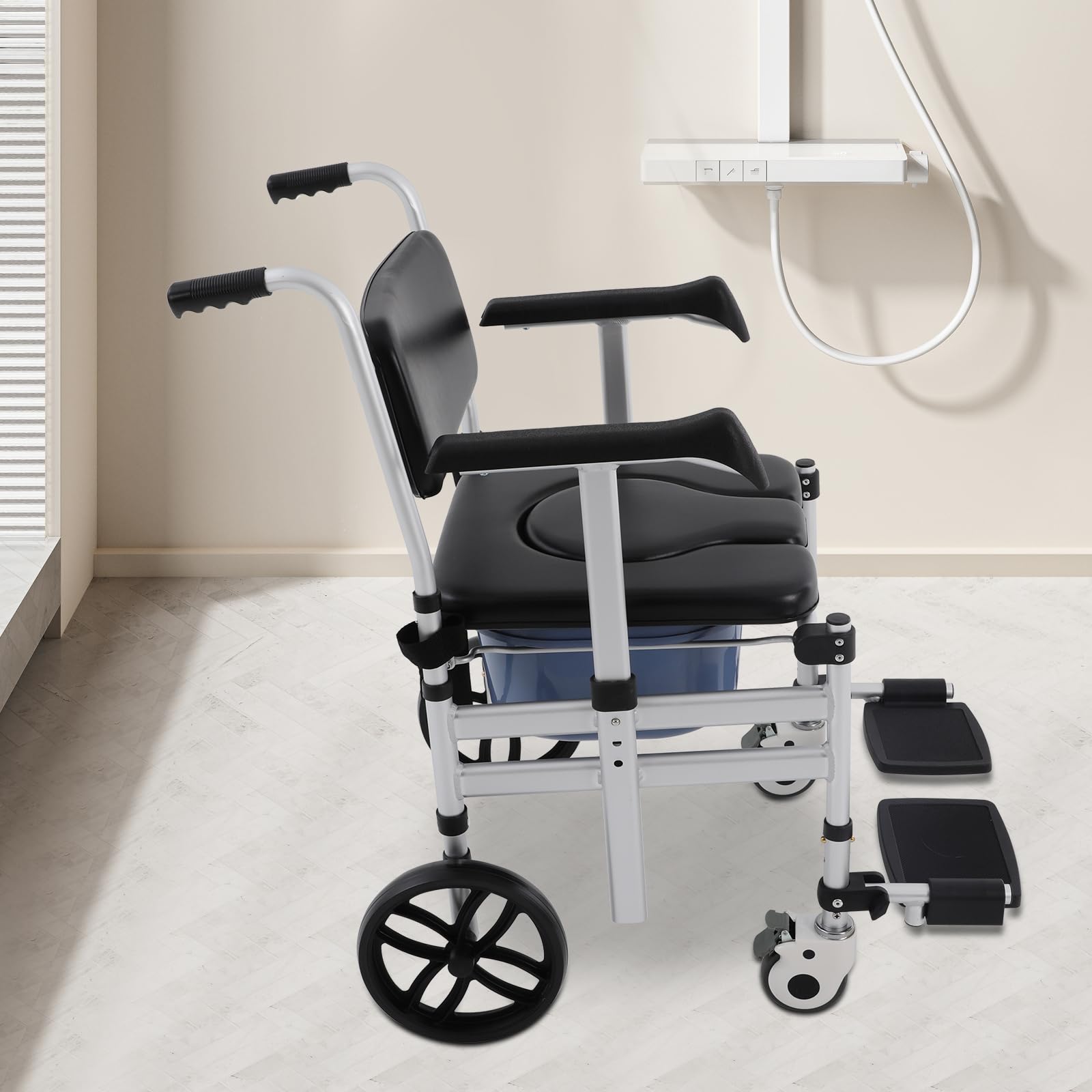 Silla de baño móvil 3 en 1 para personas mayores, asiento en U, silla de ducha con ruedas y cinturón de seguridad, soporta hasta 150 kg, altura ajustable, silla de ruedas para baño o ducha, para