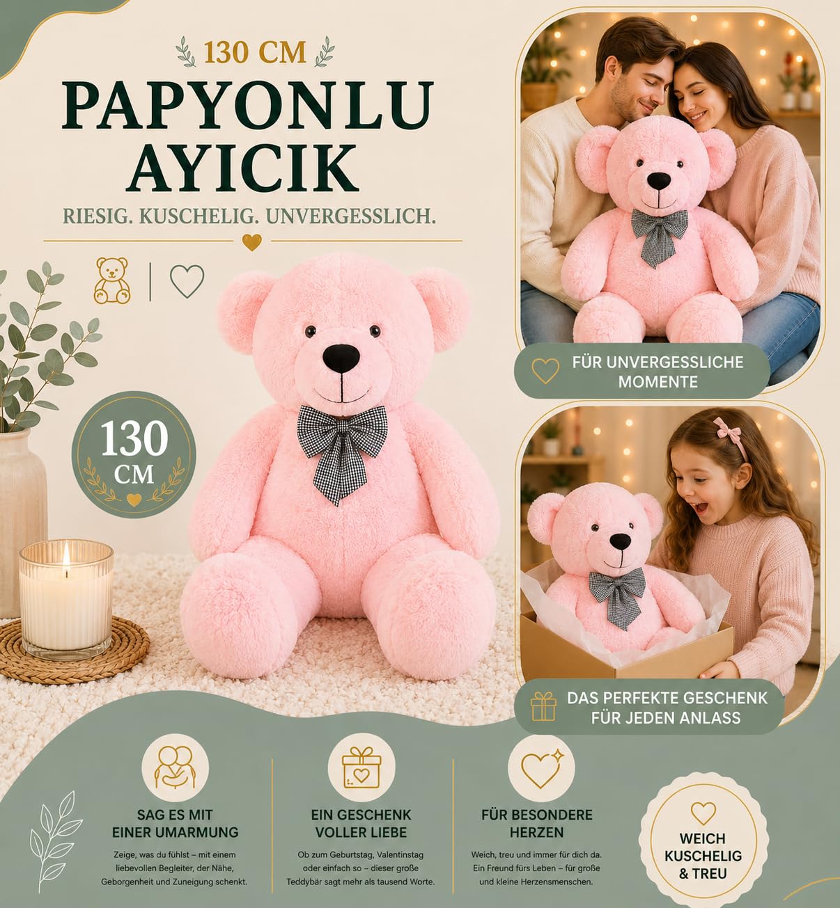 Ours en peluche géant XXL 130 cm - Grande peluche douce avec nœud - Cadeau imposant pour petite amie, enfants et anniversaire (rose)