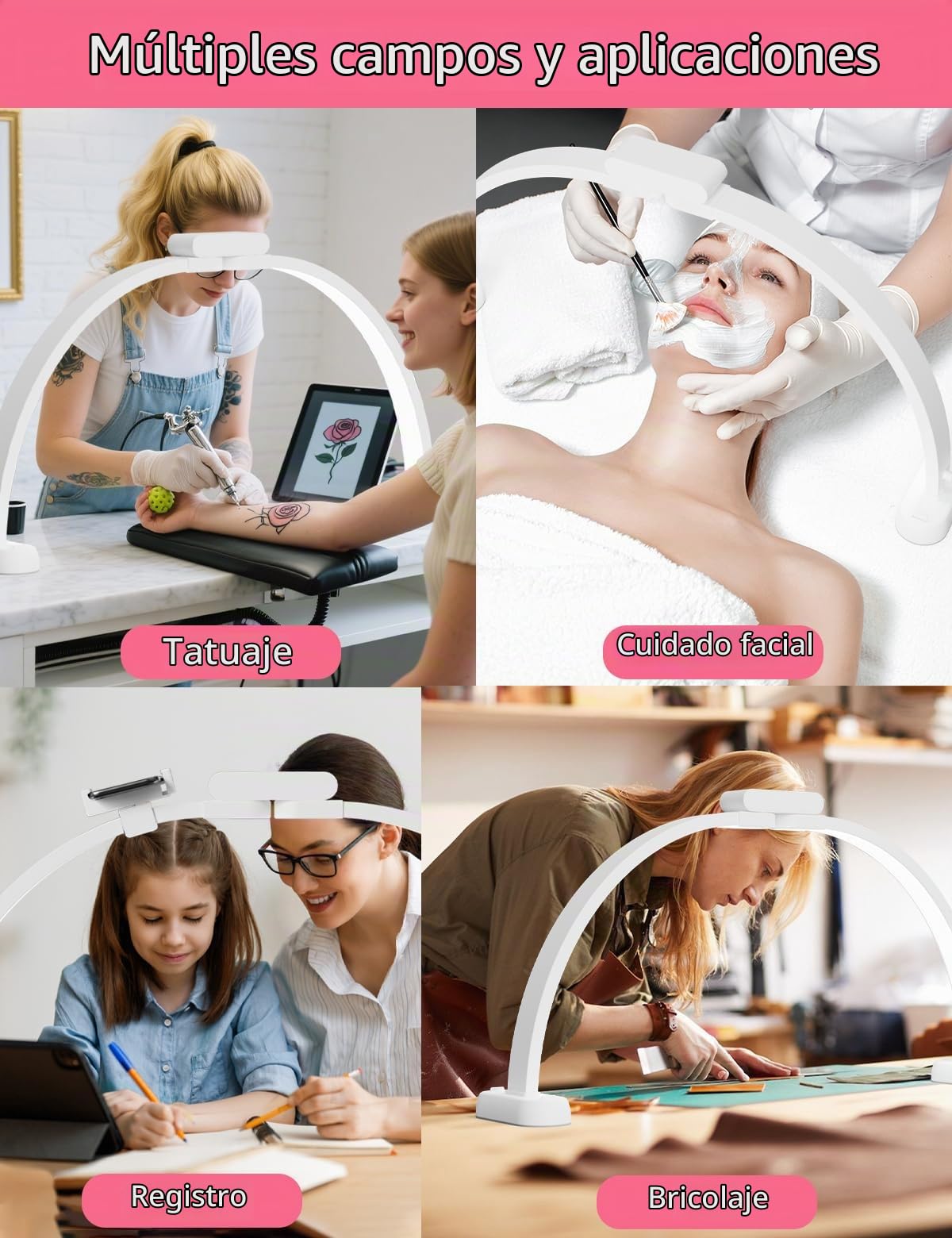 LANMOU Lámpara Media Luna LED 74 cm Regulable para Uñas y Pestañas | 35 W, 2800 LM, 3000-6500 K, Soporte Móvil y mando, Lámpara de Mesa para Manicura, Pestañas, Tatuajes y Video
