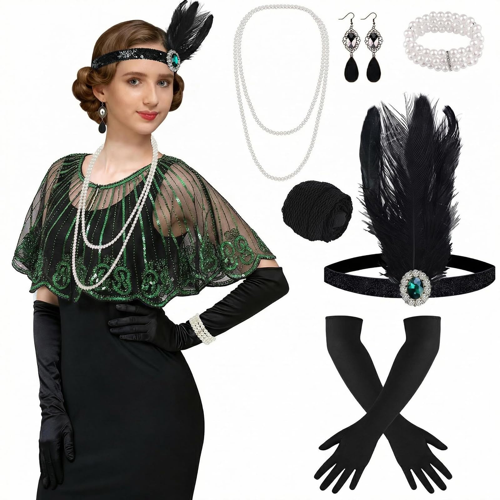 ELECLAND 10 Pieces 1920s Flapper Gatsby Accessories Set Fashion Roaring 20's Theme Set with Headband Headpiece for Women (Black Green, Style 2) — image 1