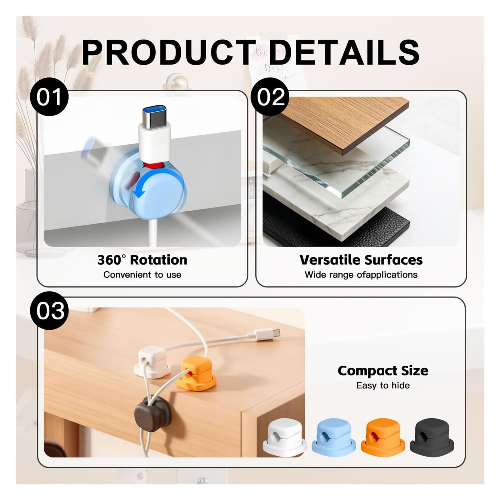 360° Drehbarer Magnetischer Kabelhalter, Selbstklebend Kabelmanagement für Nachttisch & Schreibtisch, Kabelclips für Auto Büro, Magnet Kabel-Organizer für Ladekabel USB-C(White,12)