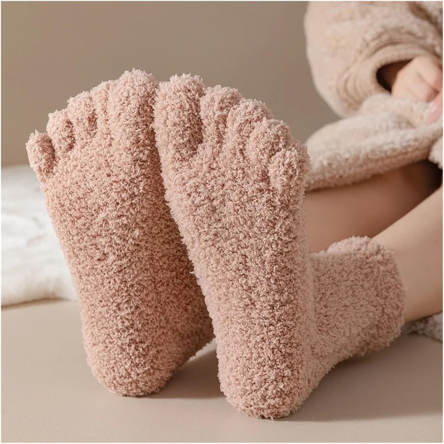 Socks 3 Pairs Coral Fleece Winter Five Finger Socks Women Thick Warm Toe Socks Cozy Fluffy Sleeping Socks Hiking Socks(3 Pairs Color 07)