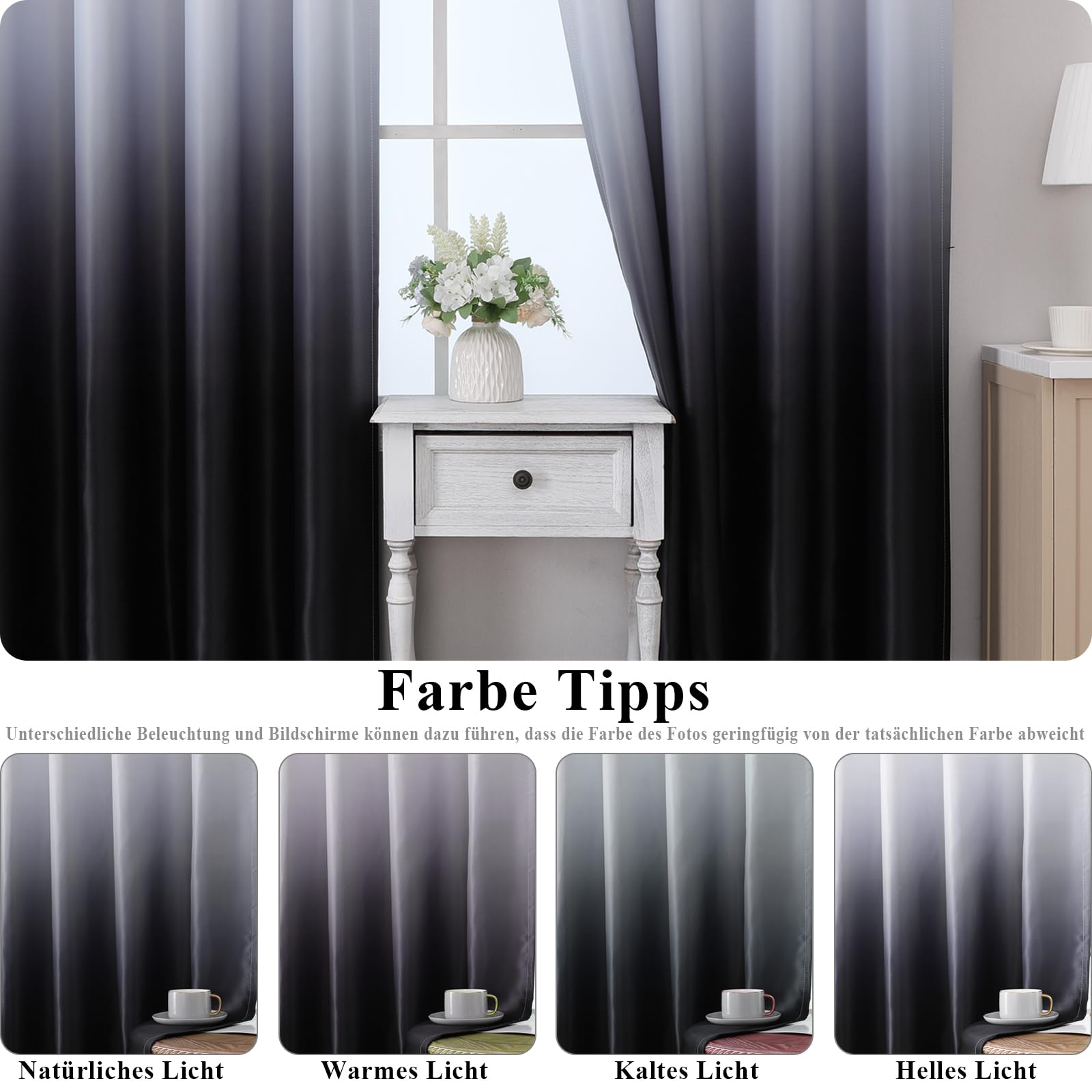 Verdunklungsvorhänge mit Kräuselband, Schwarz und Weiß Vorhänge Blickdicht Schlafzimmer, Ombre Gardinen Schienensystem, 2er Set Thermovorhang Kälteschutz Blackout Curtain, H214 x B132 cm