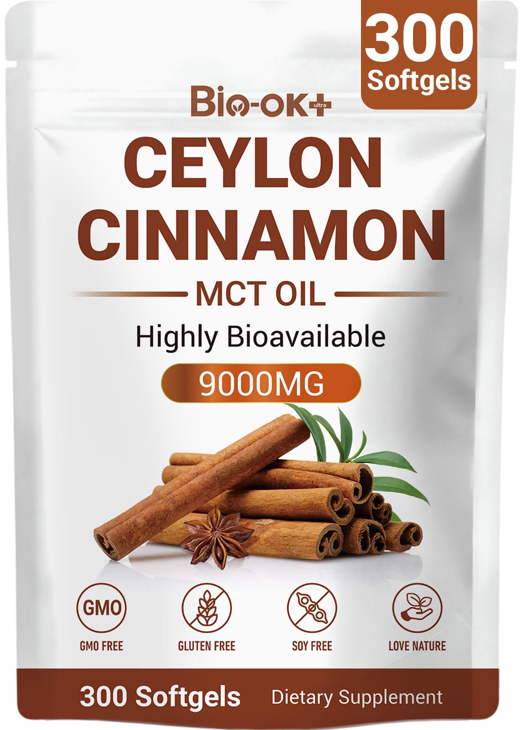 Ceylon Cinnamon Capsules with MCT Oil, 300 Softgels Herbal Cinnamon Supplements Highly Bioavailable Extract Metabolism & Cardiovascular Support, Non-GMO, Gluten Free, 100 Day Supply
