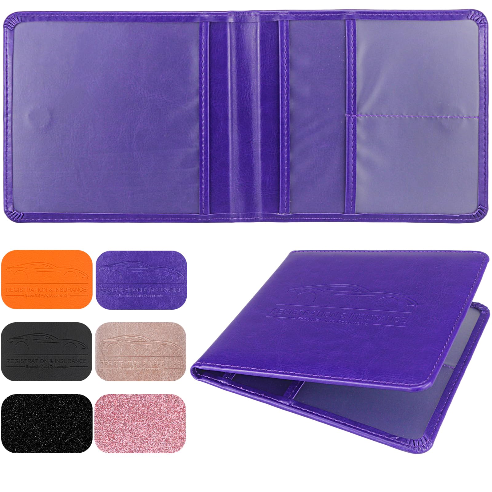Car Registration and Insurance Holder, Premium Leather Registration and Insurance Card Holder, vehicle Glove Box Car Organizer, wallet Accessories Case with Magnetic Shut for Cards, Essential Document, Driver License Vehicle Paperwork (Purple)