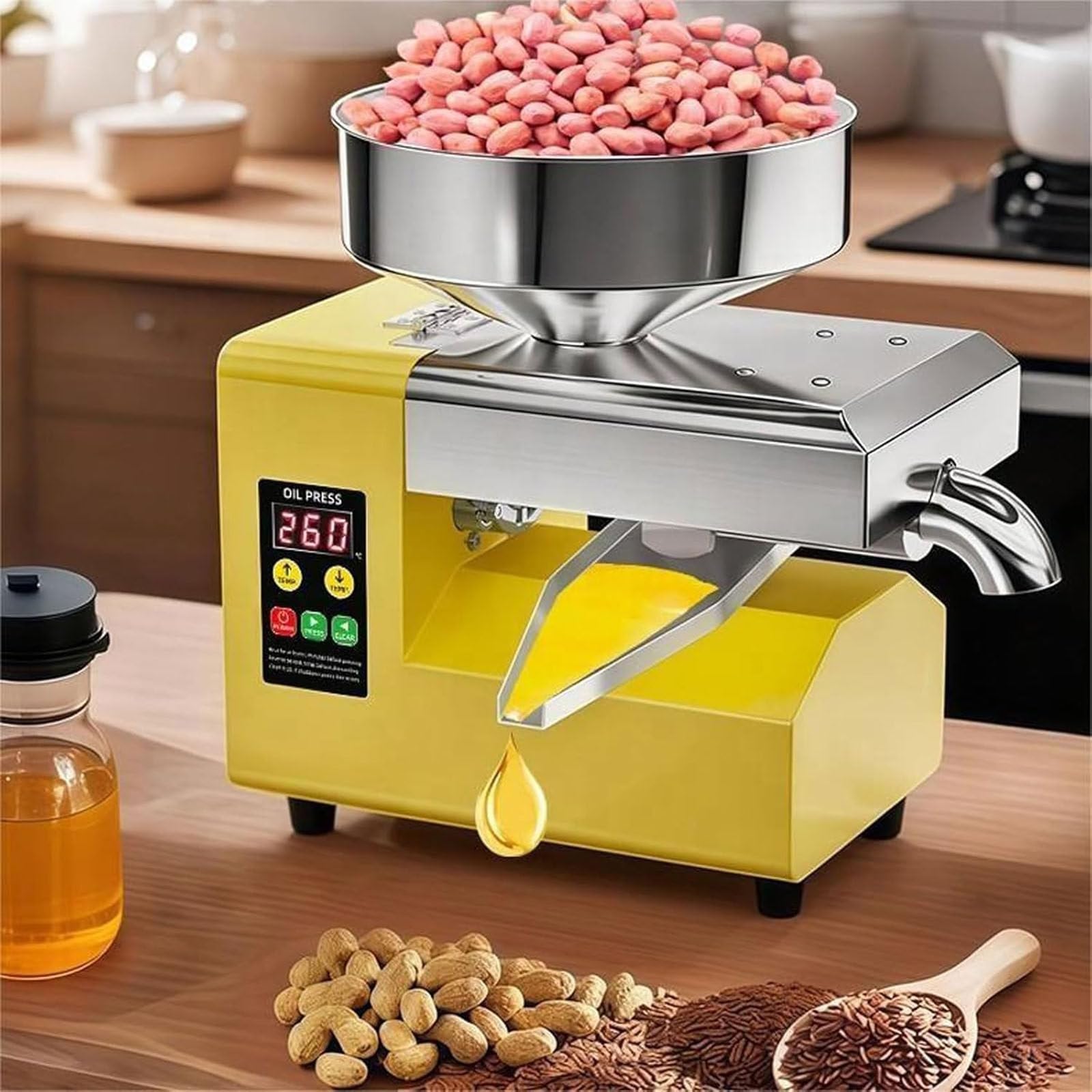 Macchina Automatica per la spremitura a Caldo e a Freddo dell'olio, estrattore di Olio ad Alta capacità in Acciaio Inox per Noci, Semi, Cereali, spezie e Chicchi di caffè.