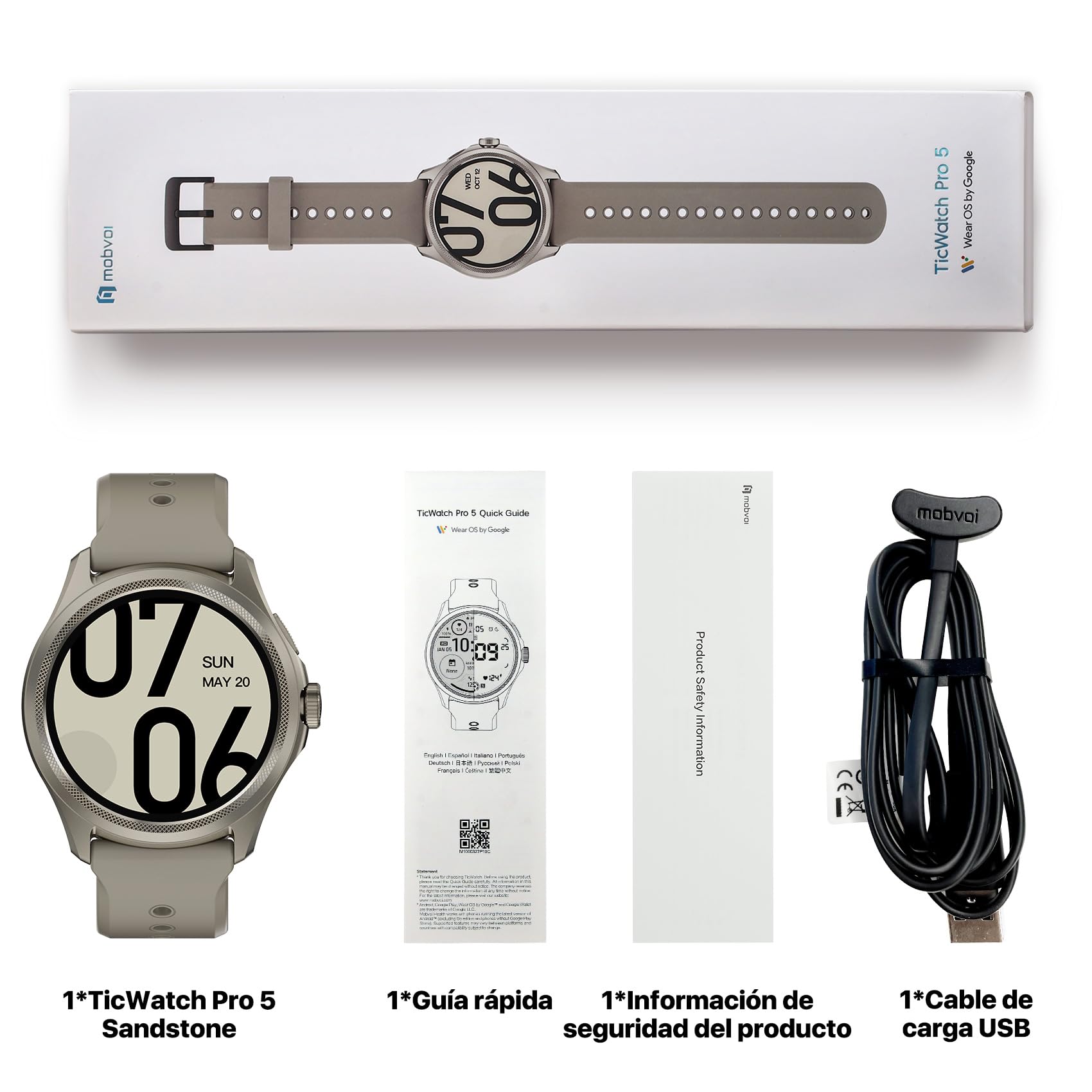 Ticwatch Pro 5 Sandstone Android Smartwatch, Snapdragon W5+ Gen 1 Wear OS Smartwatch, 80 Horas de duración de la batería, GPS Incorporado, brújula 5ATM, NFC No es Compatible con iPhone