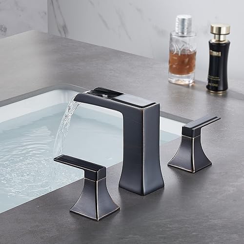 Miniatura 45 de Grifo de baño negro de 3 agujeros, grifos de cascada para fregaderos de baño de 4 a 16 pulgadas, grifo de tocador de dos manijas con drenaje Mate
