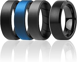 ROQ Silicone Rubber Wedding Ring for Men, Rubber Silicone Wedding Band, Comfort Fit, Tungsten Carbide & Beveled Edge Brush Top Silicone Ring Set, 8mm Wide 2mm Thick, 4 Pack, Multi Sizes
