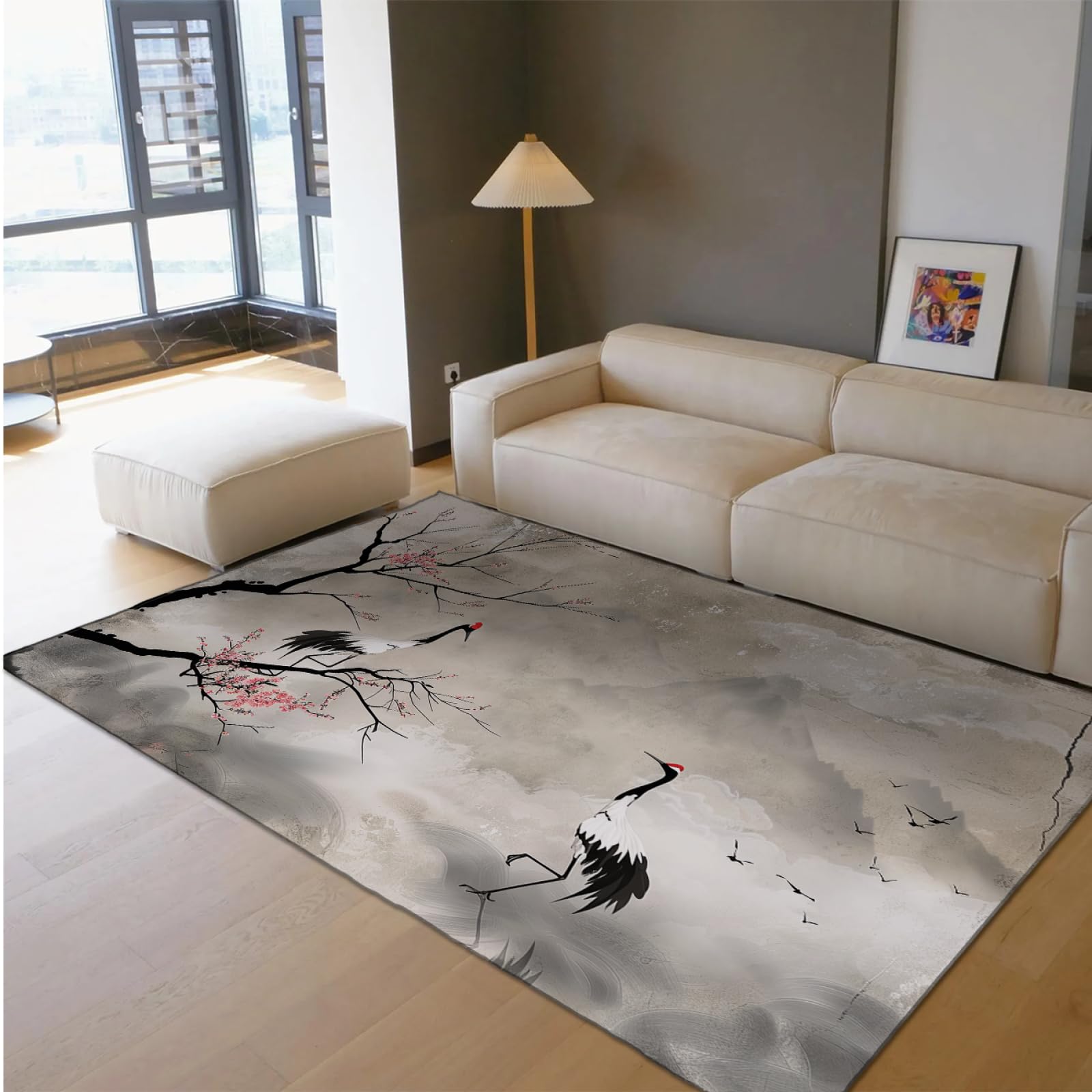 Tapis de porte et salon grue chinoise fleurs roses 180 x 240 cm