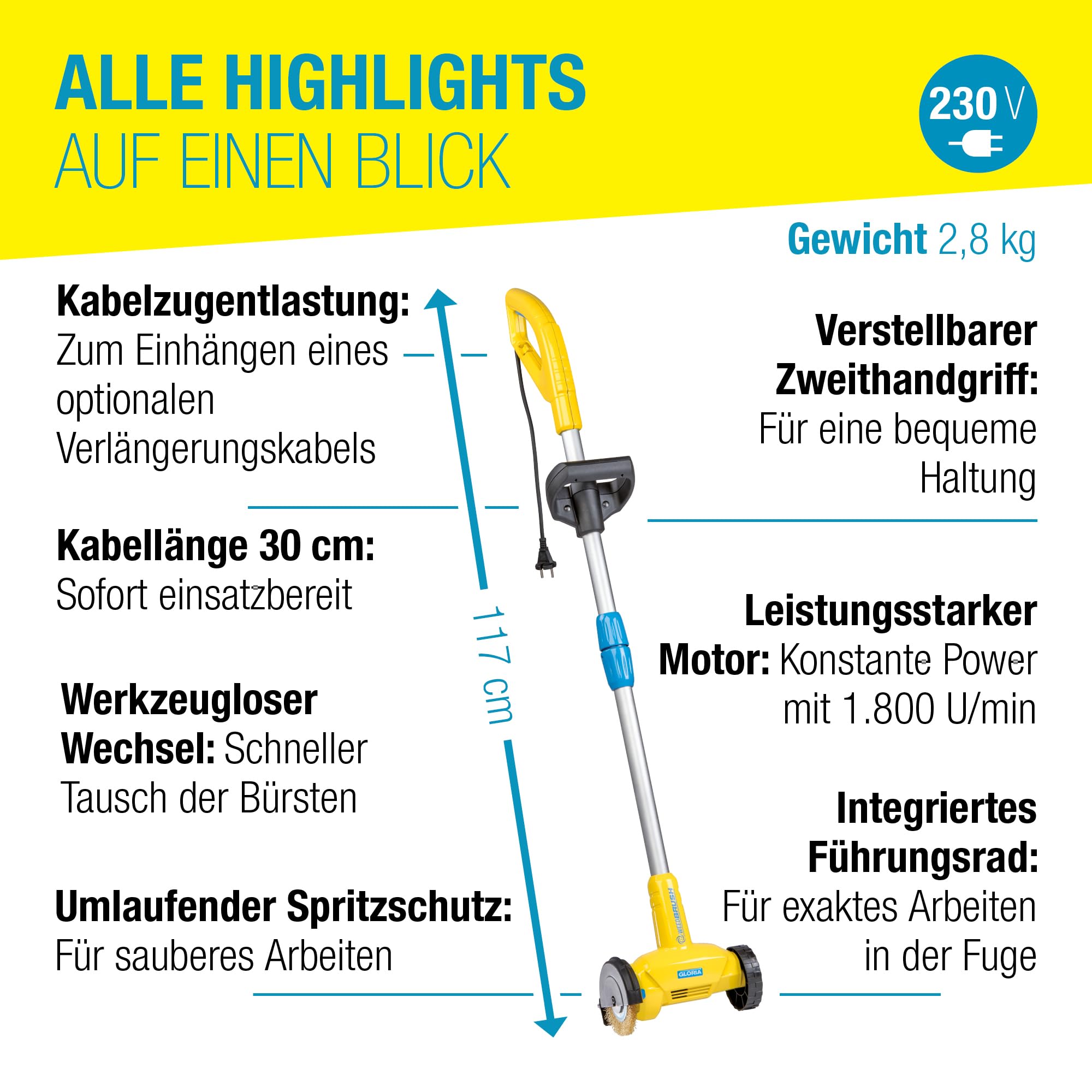 GLORIA Fugenbürste WeedBrush | Elektrischer Unkrautvernichter & Fugenreiniger | Fugenkratzer für Pflasterfugen, Terrassenplatten & Wege | Kabelgebundene Unkrautbürste 230V inkl. Stahldraht-Bürste