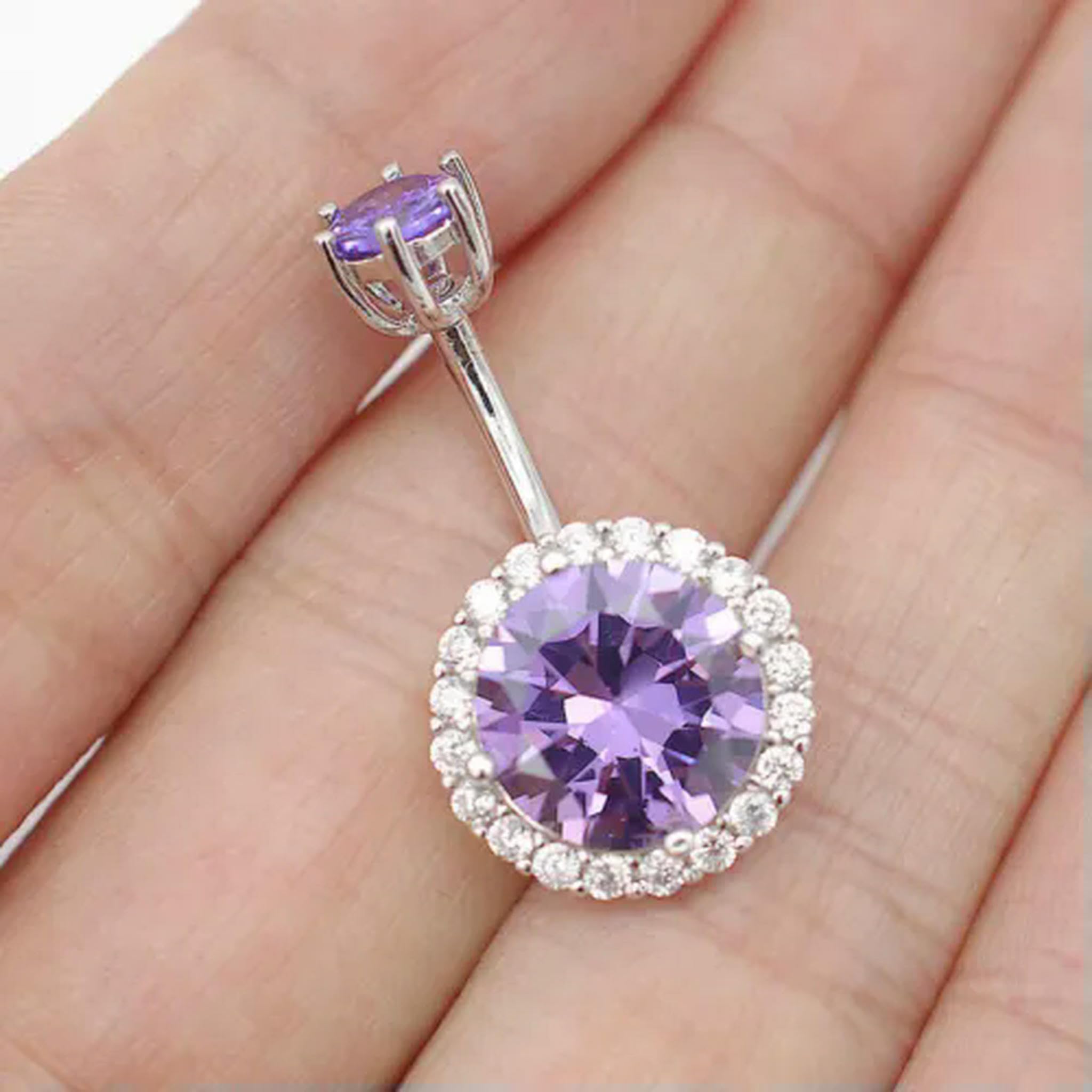 Piercing para Ombligo de Plata de Ley con Forma de Barra y Cristal de circonita cúbica Violeta Redondo A1893-P-6 mm-Violeta