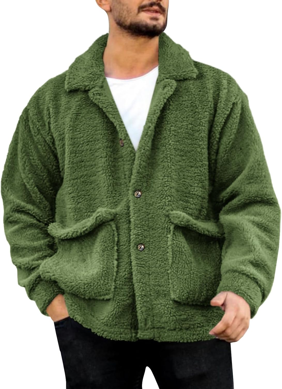 Runcati Mens Fuzzy Sherpa Jacket Fleece Long Sleeve Button Down Coat Fall Winter Warm Outwear