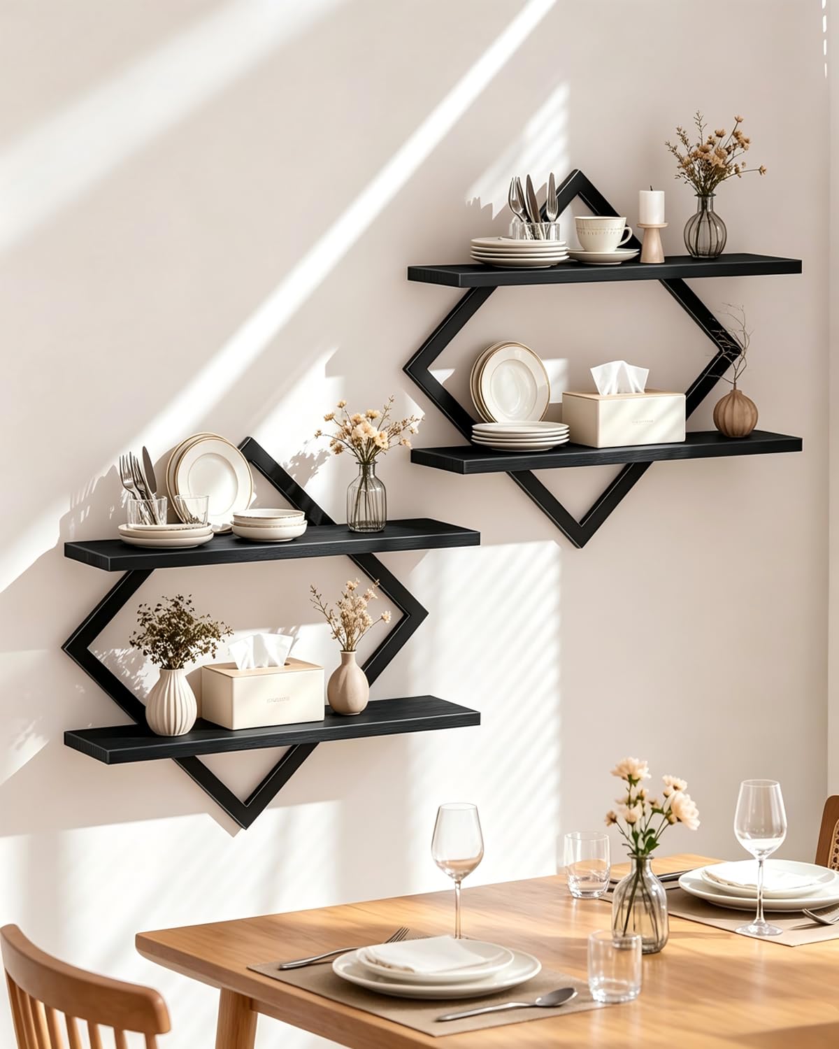 Wandregal 2er Set, Schweberegal mit Metallrahmen 38 cm, 2-stöckiges Hängeregal für Badezimmer, Wohnzimmer, Küche, Home Office (Schwarz)