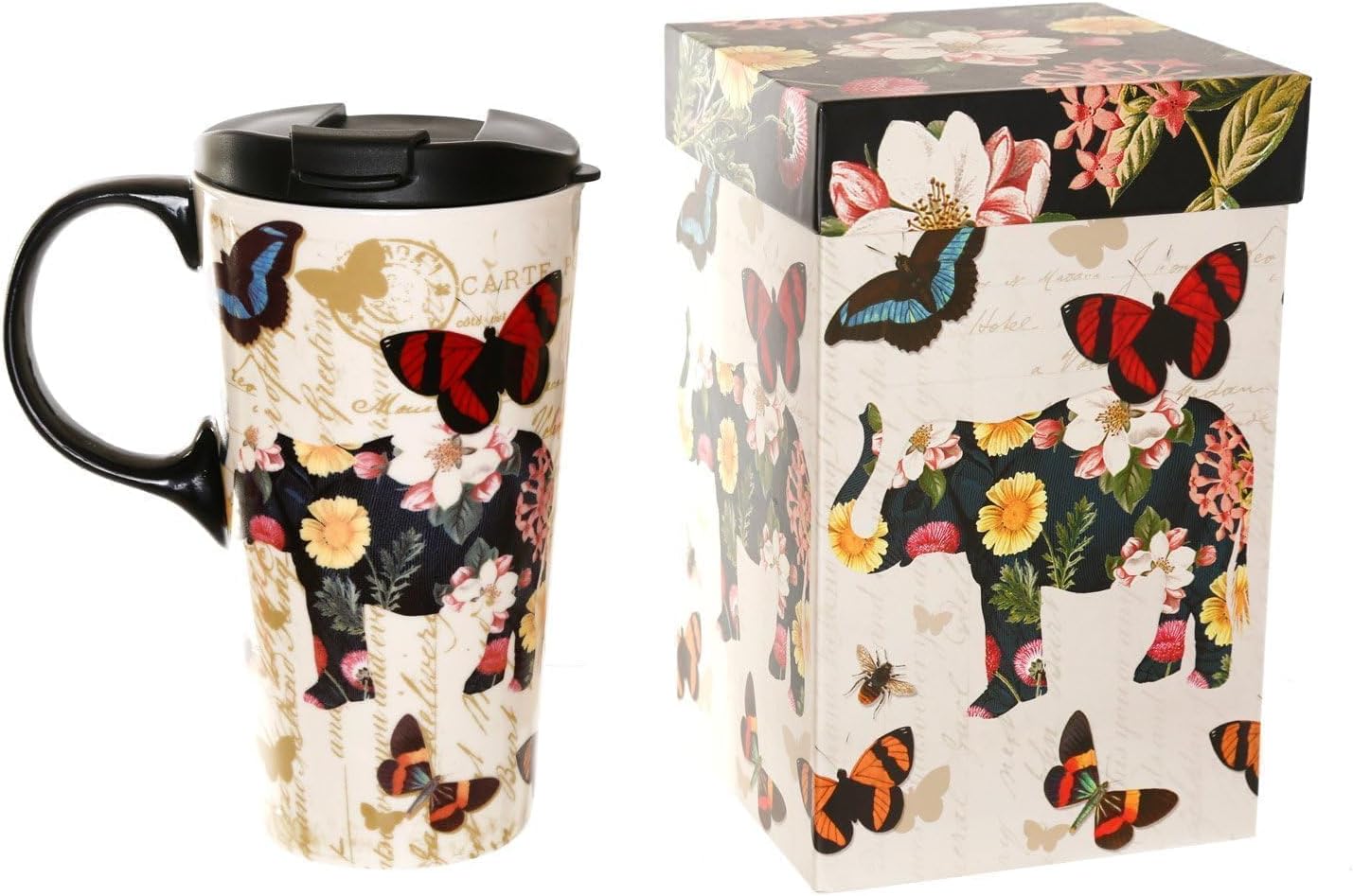 Topadorn 17oz Ceramic Travel Coffee Mug with Sealed Lid & Color Box, Microwave & Dishwasher Safe, Holiday Gift Her Him, Flower & Butterfly