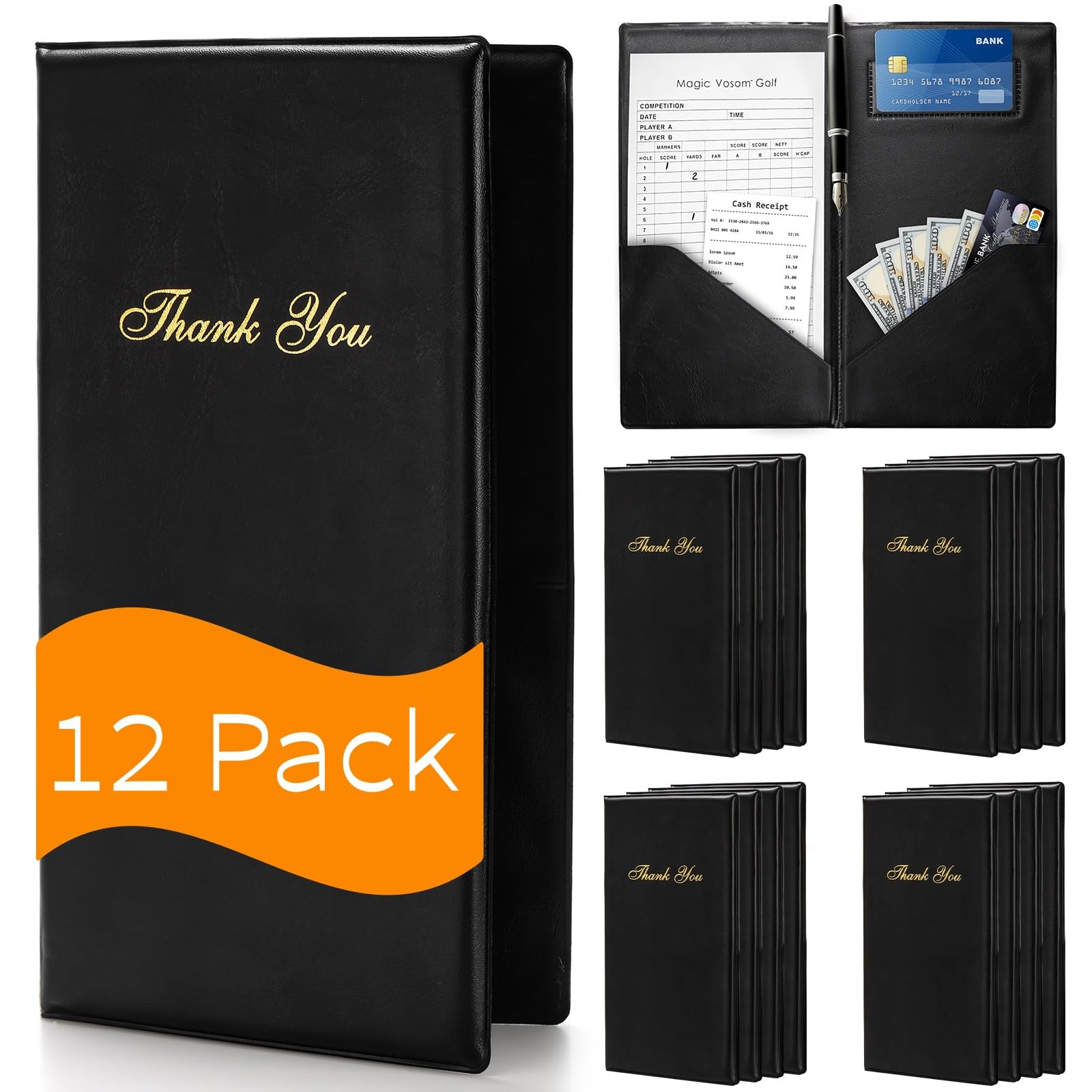 Lyellfe 12 Stück Restaurant Check Presenters, Gäste-Check Kartenhalter, PVC Leder Check Presenter für Server, schwarz mit goldenem Dankeschön-Aufdruck, ideal für Restaurants, Café, Bar, Eatery