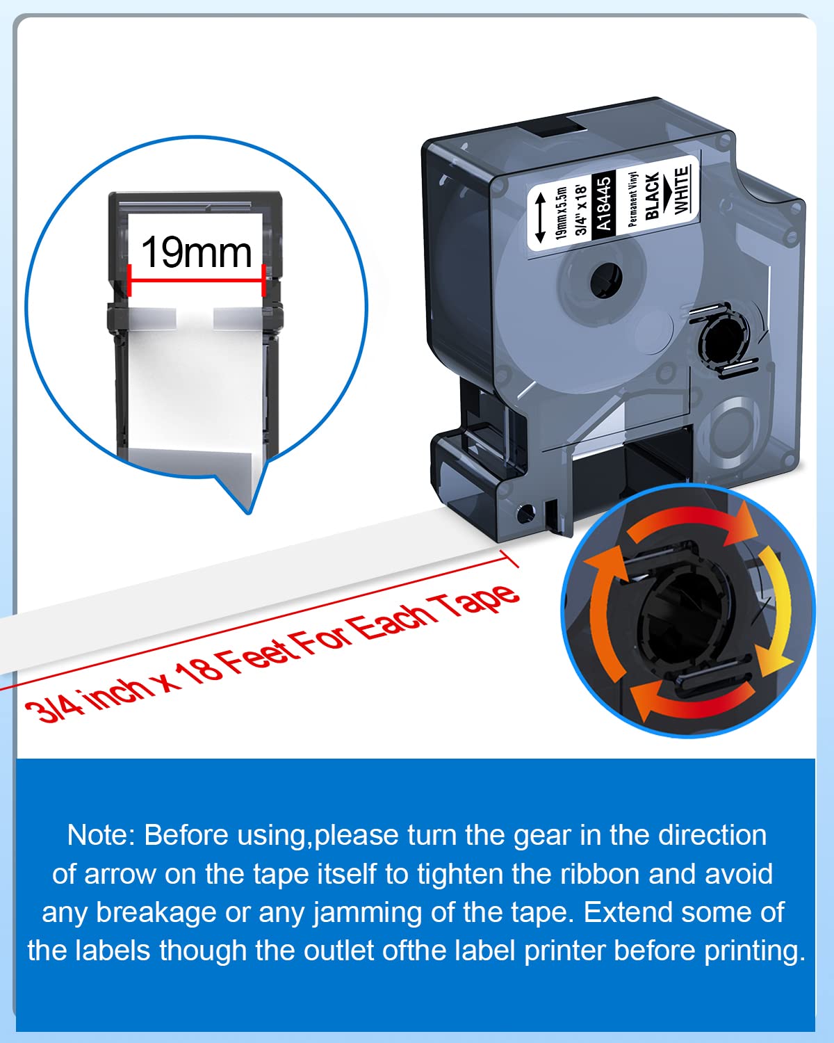 Nastro per Etichette Aken Compatibile con Dymo Rhino 18445 Etichette 19 mm x 5,5 m, Nere su Bianco, Etichette in Vinile Compatibile con Dymo Rhino 4200, 5000, 5200, 6000, ILP219