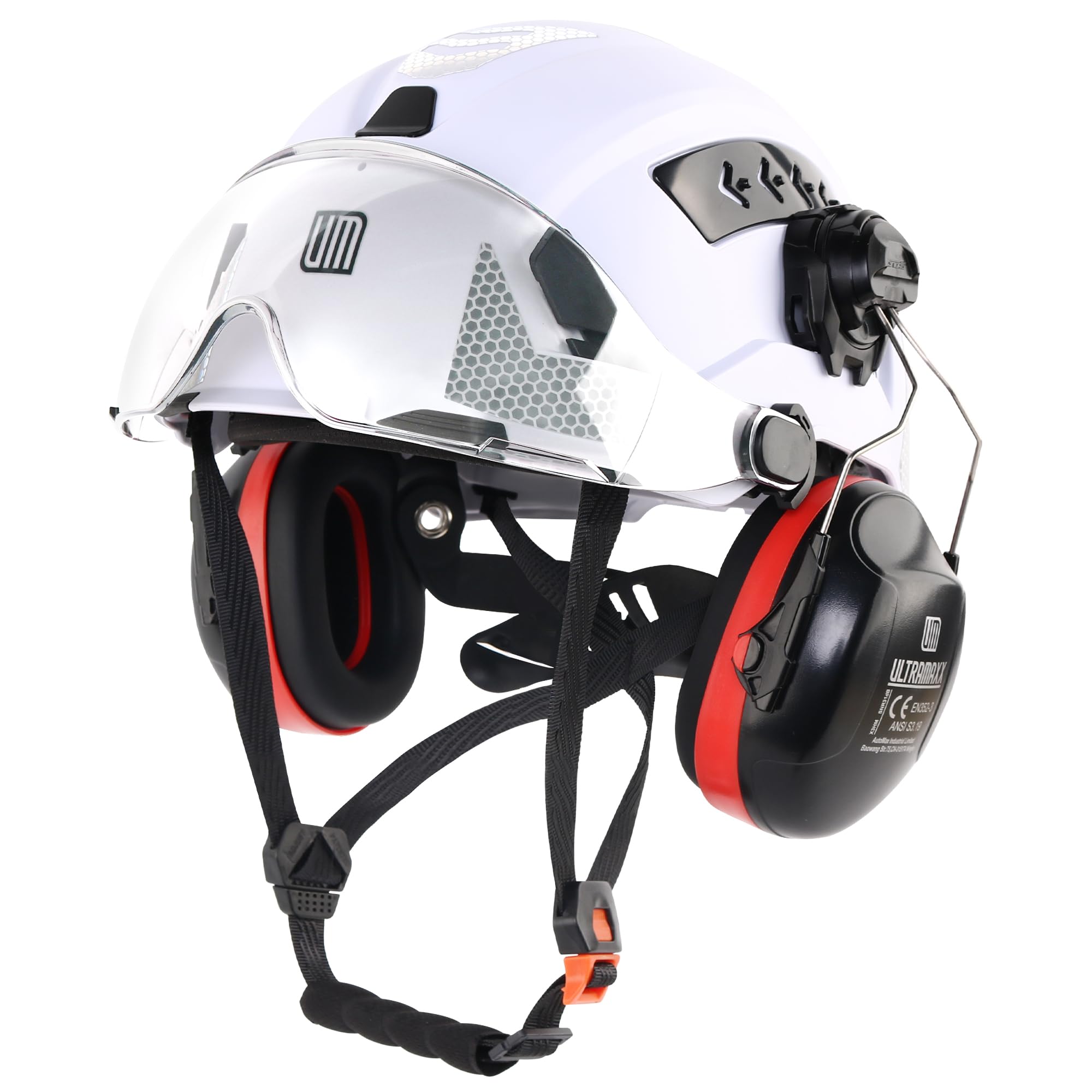 UM ULTRAMAXX Casco duro tipo II Clase C | Visera facial ajustable y orejeras desmontables | Certificado ANSI Z89.1, ajuste de trinquete de 6 puntos, ventilado con tiras reflectantes