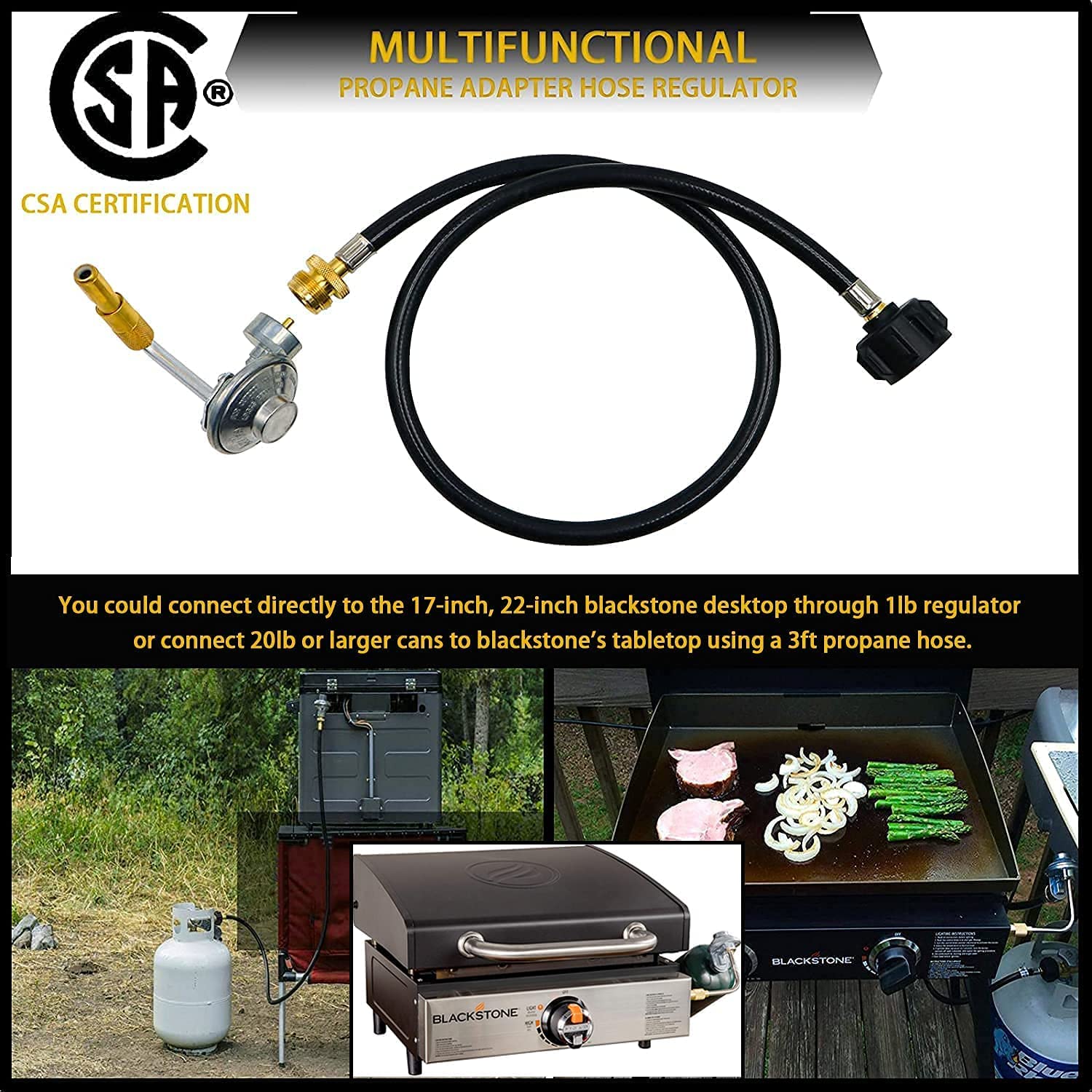 3 FT Propane Adapter Hose with Regulator,1 lb to 20 lb Converter Gas