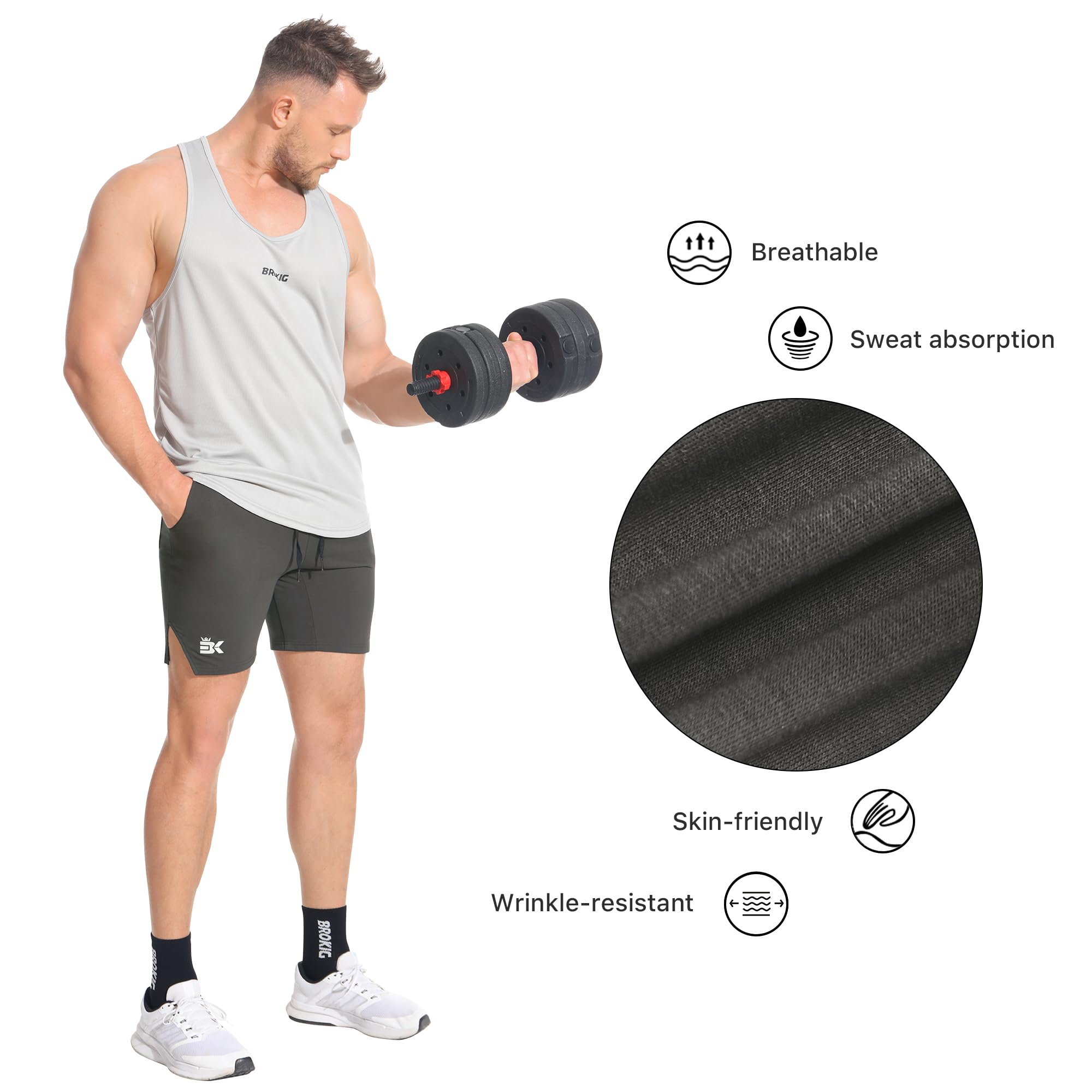 BROKIG Inpok Short de sport pour homme avec poches zippées