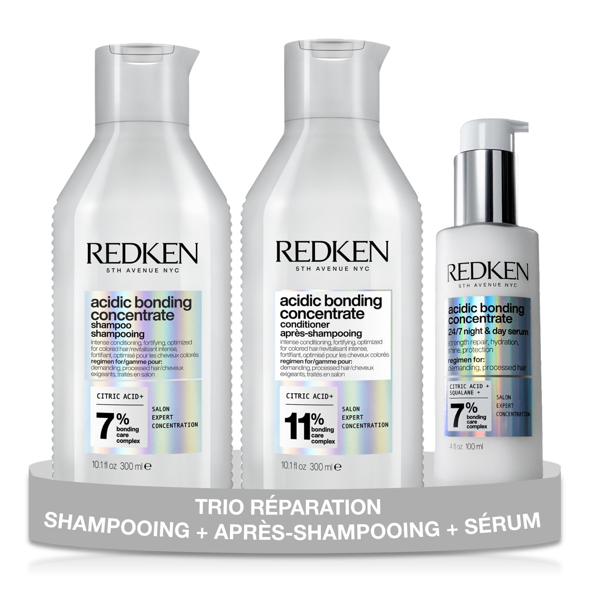 REDKEN - Routine Réparatrice - Shampoing + Après-Shampoing + Sérum - Renforce & Protège La Couleur - Sans Sulfates - Acide Citrique - Cheveux Abîmés - Acidic Bonding Concentrate