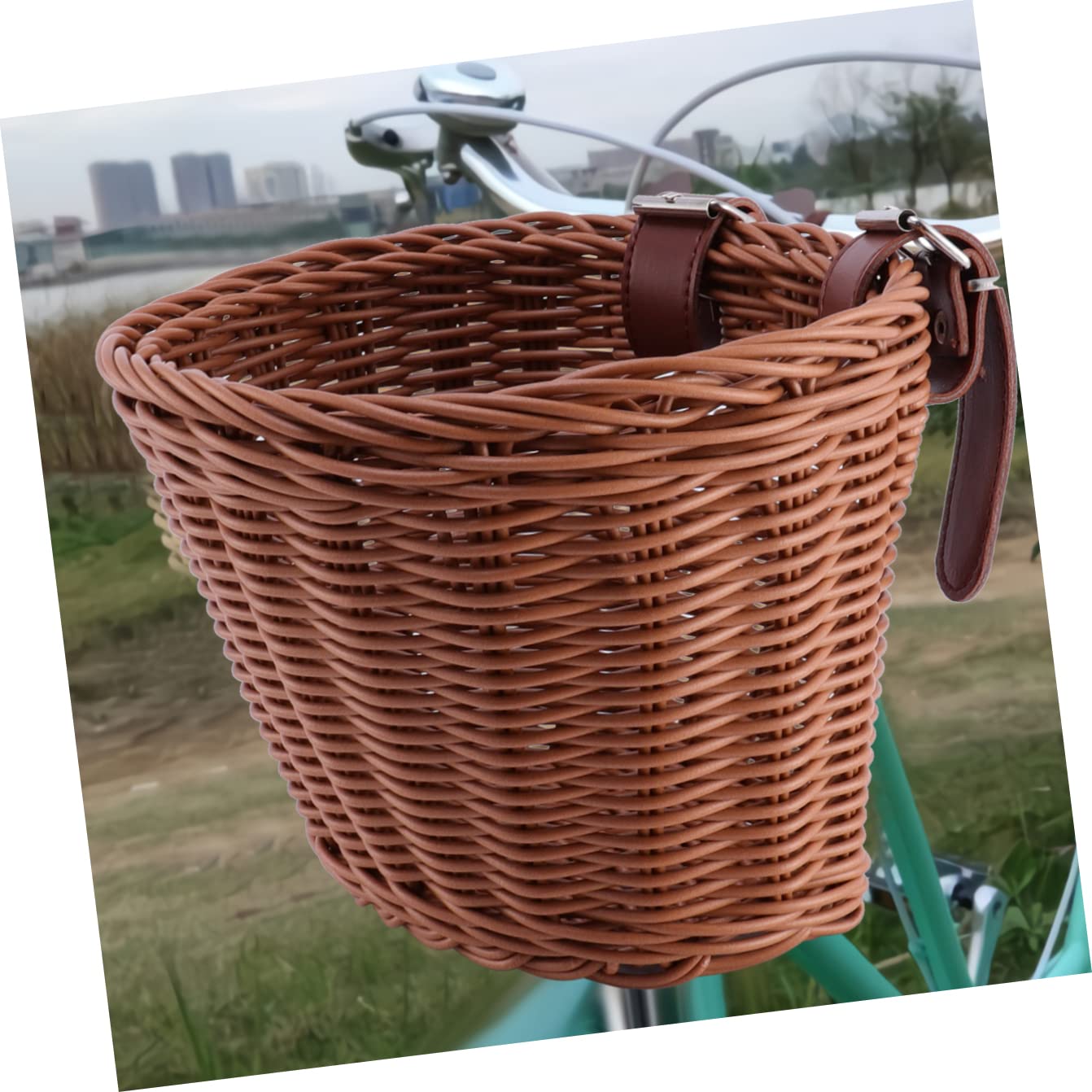 1pc Girls Environmentally Accessories Cute Adjustable Handlebar Food Adult Rattan with Bike Leather Fruit Childrens Handwoven Tan Adults Round Family Scooter Straps Cargo