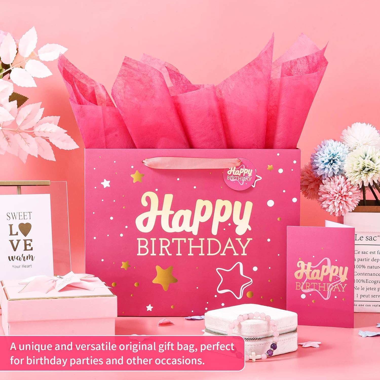 Powbrace 13" Pink Happy Birthday Gift Bag with Tissue Paper and Greeting Card for Party,Happy Birthday Gift Bag for Women Mother, Gift Bags Medium size(1 PCS Pink, Attach Mom Cards) - Image 6