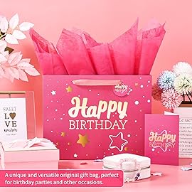 13 Pink Happy Birthday Gift Bag with Tissue Paper and Greeting Card for Party,Happy Birthday Gift Bag for Men Women,Gift Bags Medium size(5 PCS Pink Hot Stamping)