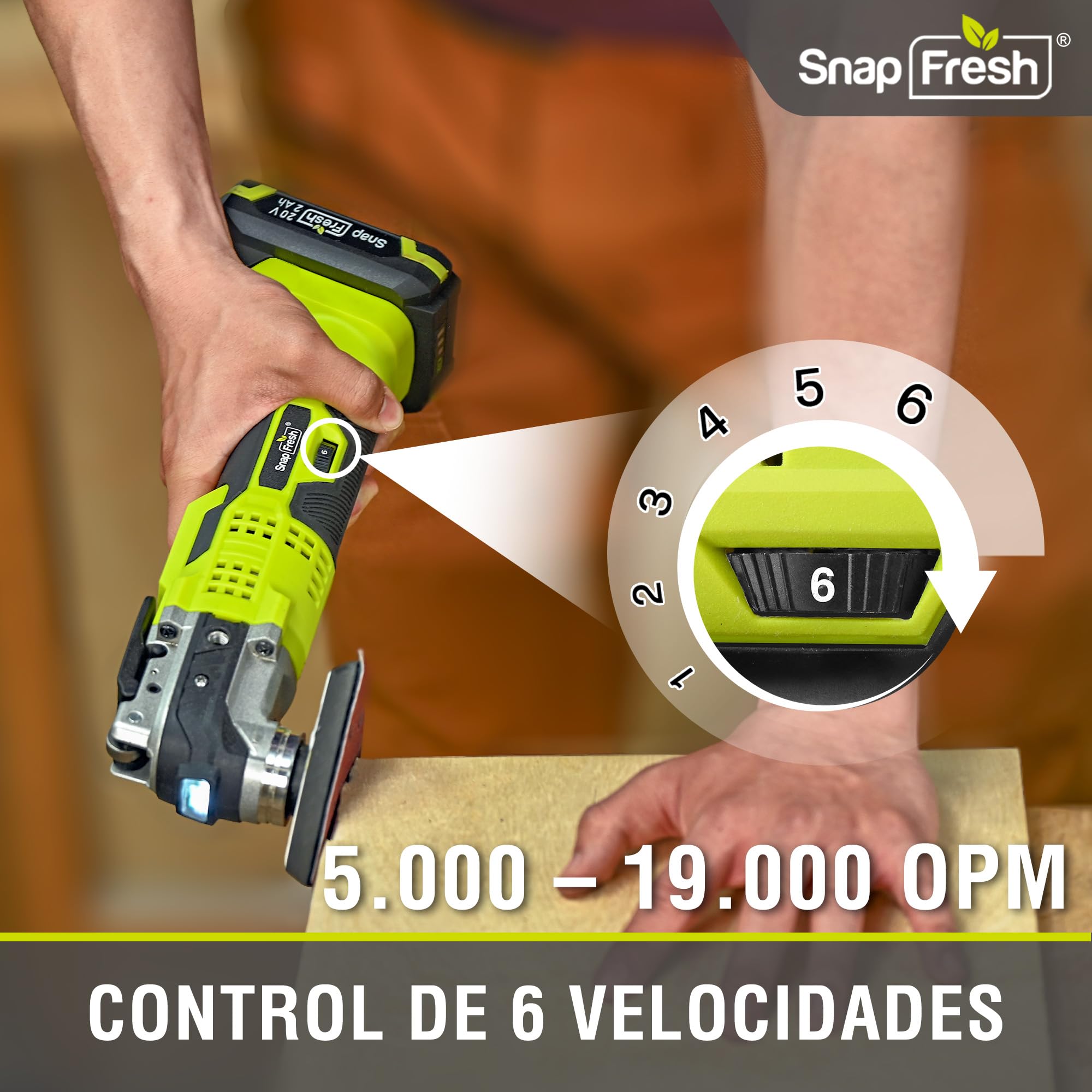 SnapFresh Herramienta Multifunción Oscilante Sin Cable 20V, 6 Velocidades Ajustables, Batería 2,0 Ah y Cargador Rápido, Ángulo de Oscilación 3,2°, 20 Accesorios para Corte, Lijado y Raspado