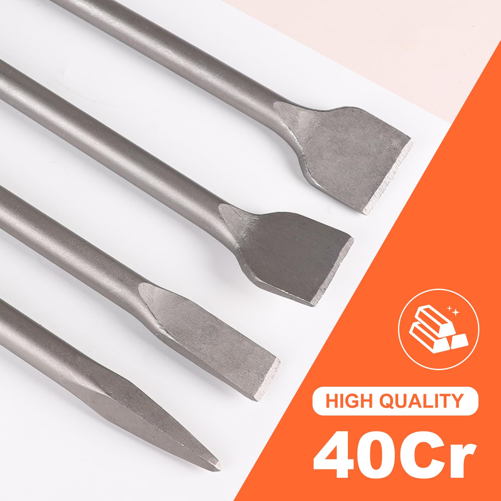 CPROSP 4tlg SDS Max Meißel 600mm Set, Flachmeißel 25mm+Breiter Fliesenmeißel 50mm+Abgewinkelt Breiter Fliesenmeißel 50mm+Spitzmeißel, für Beton und Mauerwerk, Zubehör Bohrhammer
