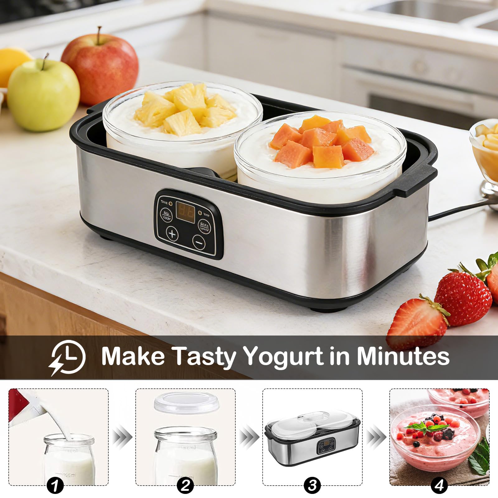 Joghurtbereiter 2L, Joghurt Machine, Digitale Joghurtmaschine aus Edelstahl, Automatischer Joghurt Maker für DIY selbstgemachten Joghurt, Käse oder Natto zu Hause (2 x 1L Gläsern)