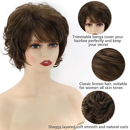 Miniatura 3 de TISHINING Pelucas cortas y rizadas de corte Pixie marrón para mujeres blancas con flequillo, pelucas sintéticas peludas rizadas para mujeres,