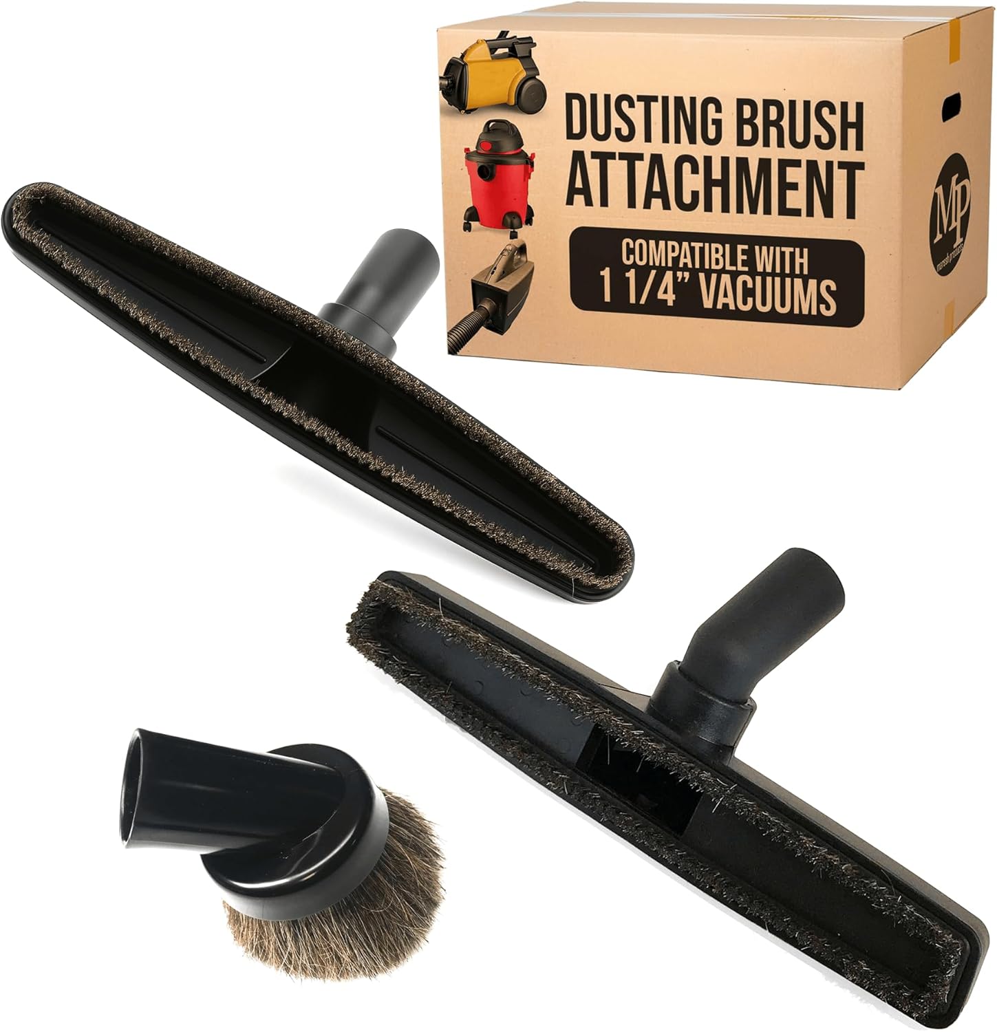 MP Maresh Products Vacuum Brush Bundle – 3 Piece Set w/ 12" Floor Brush, Horse Hair Dust Brush, & Deluxe 12" Horsehair Floor Attachment, Fits 1¼" Shop Vac, Central Vac, Wet Dry Vac & Household Vacuums