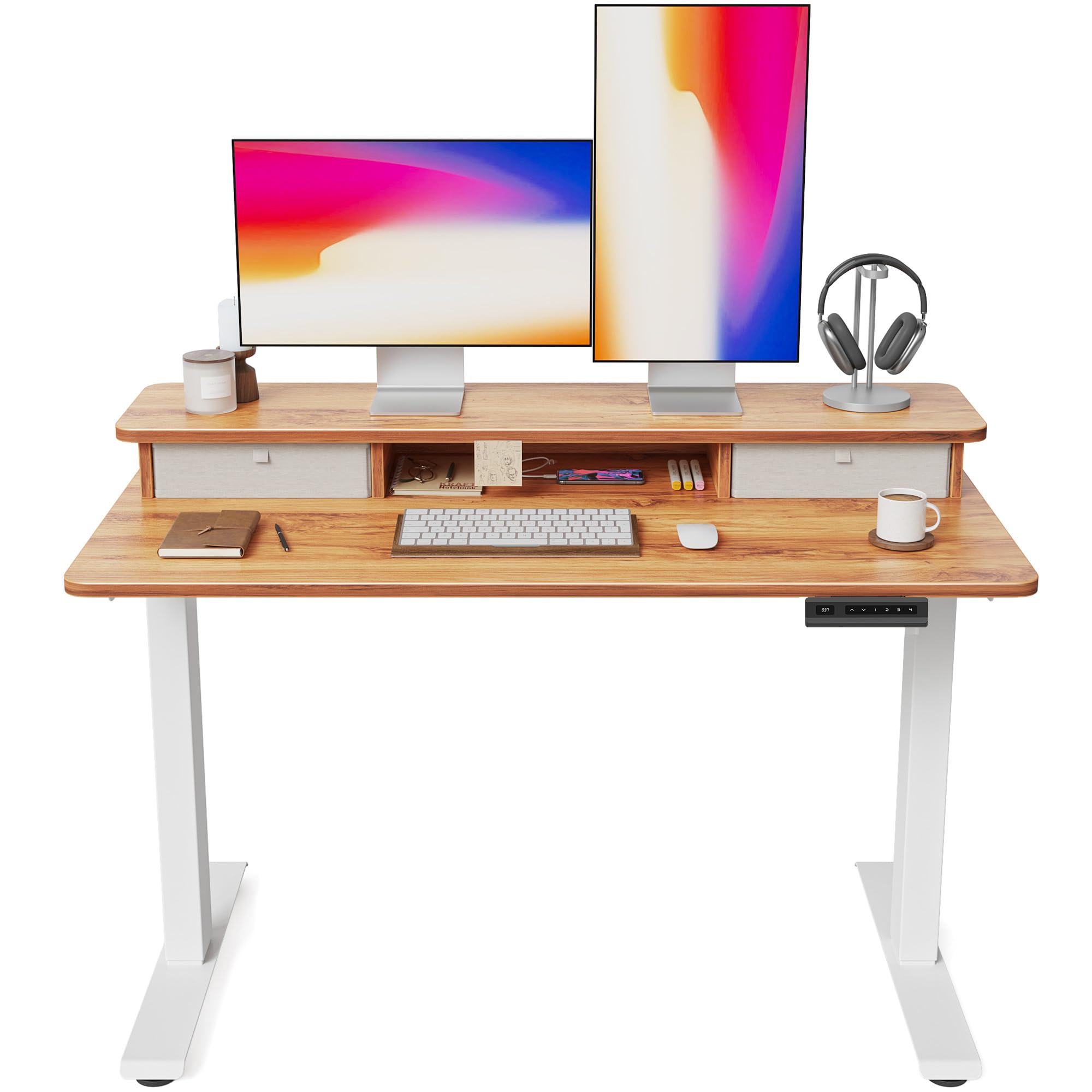 FEZIBO 48 x 24 Inch Height Adjustable Electric Standing Desk with Double Drawer, Computer Desk, Home Office Stand Up Table with 4 Height-Adjustable Feets & 2 Hooks, Light Rustic