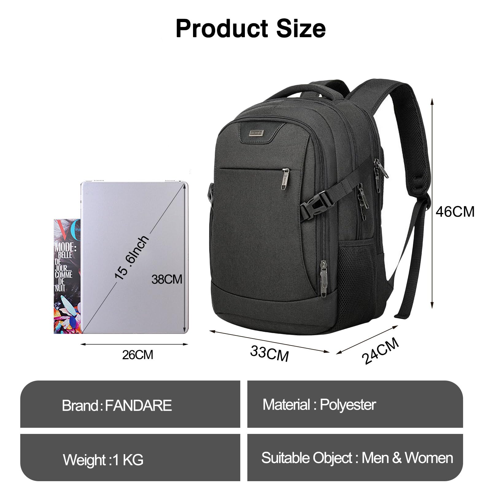 FANDARE Mochila Ordenador Mochila Hombre Mochila Portatil Mochila Impermeable con Puerto de Carga USB Bolsos Bandolera Backpack para Negocio Trabajo Diario Viaje Escolares Mochila Negro