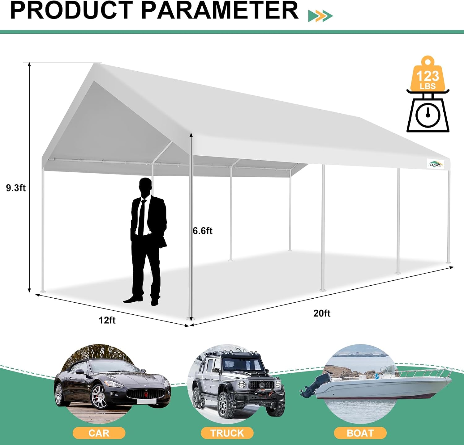 COBIZI 12x20ft Carport Heavy Duty, Portable Garage with Removable Sidewalls, Ventilated Windows & Built-in Sandbags, Car Canopy for Truck, Boat, SUV with All-Season Tarp, Waterproof, White