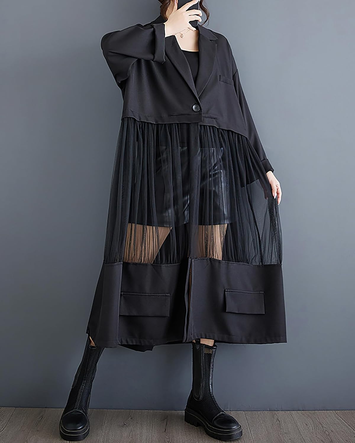Women's Shirt Dress Long Sleeve Buttoned Tulle See Through Solid Patchwork Loose GZ304 - Image 5